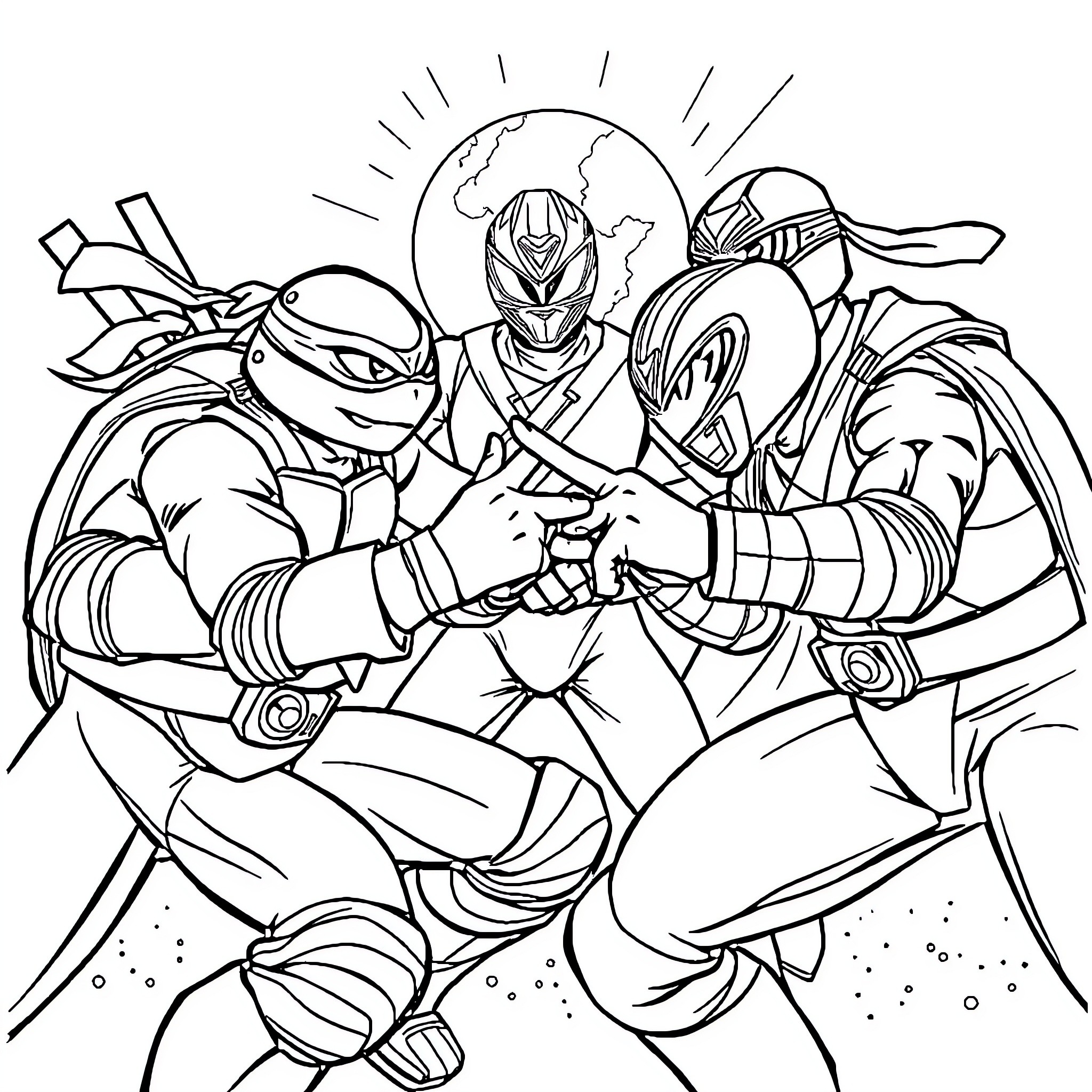 Ninja Turtles in Action-Packed Adventure Coloring Page (free black-and-white line drawing printable PDF for all, from beginners to advanced learners, including children, teens, adults, and seniors)