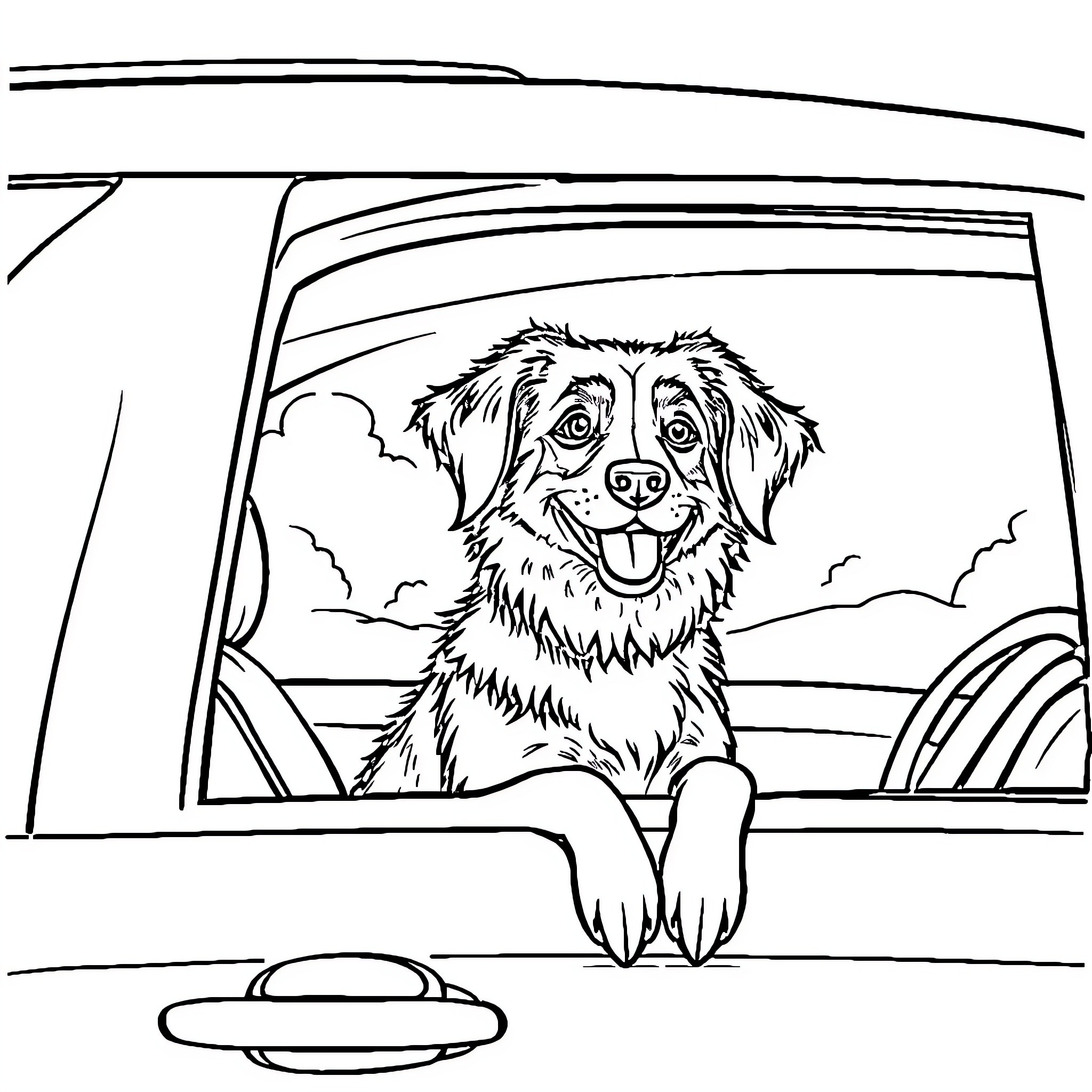 Dog happily looking out of car window Coloring Page (free black-and-white line drawing printable PDF for all, from beginners to advanced learners, including children, teens, adults, and seniors)