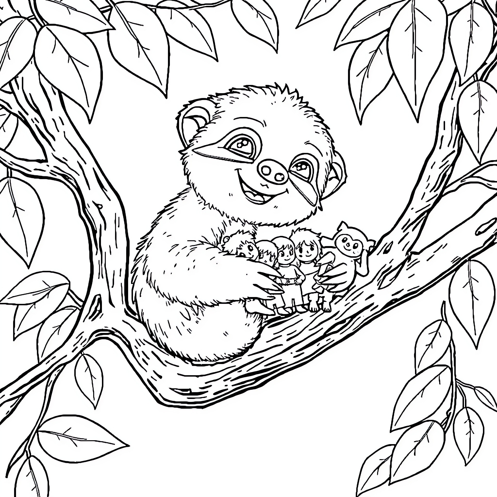 Sloth embracing its young in the forest Coloring Page (free black-and-white line drawing printable PDF for all, from beginners to advanced learners, including children, teens, adults, and seniors)