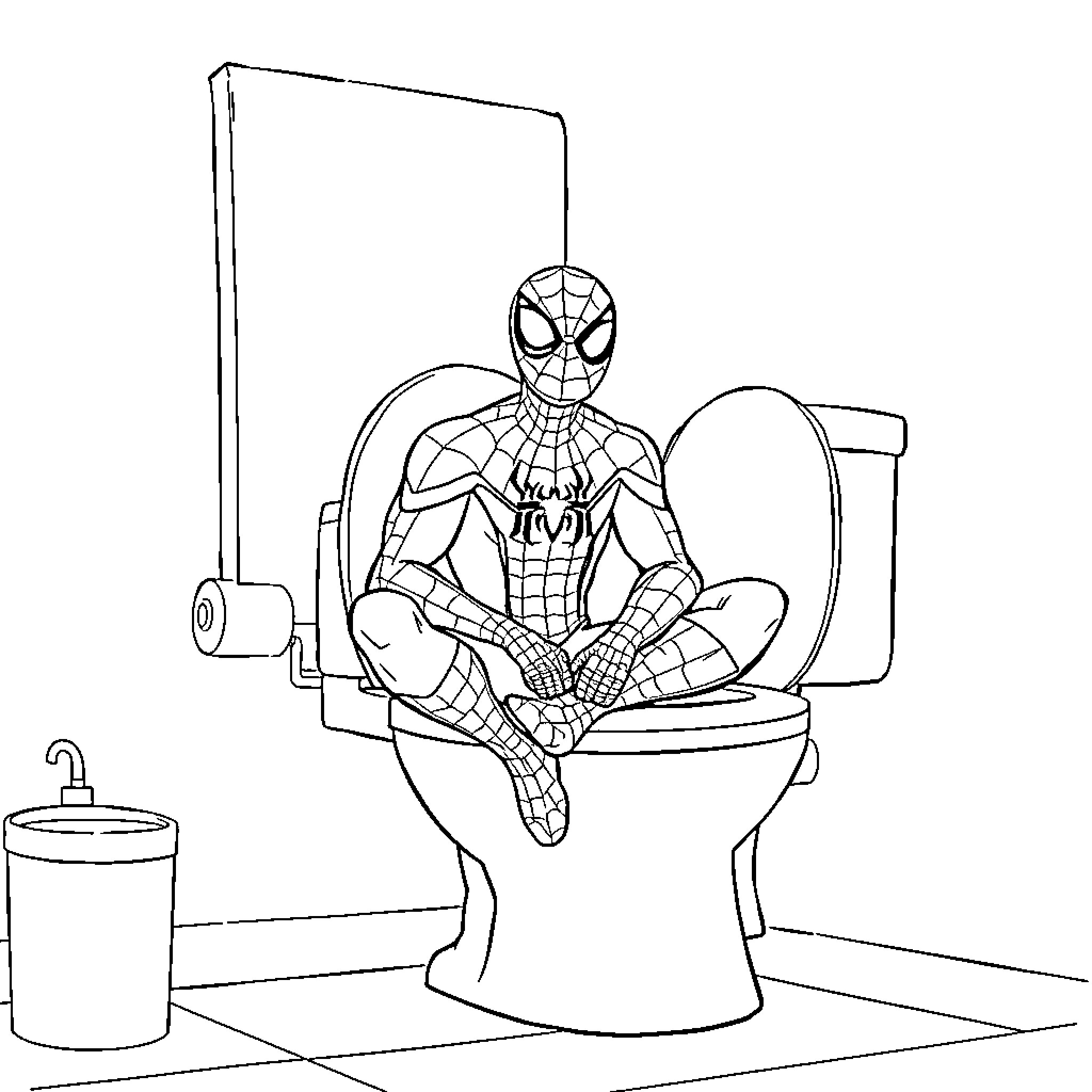 Spider-Man relaxing on the toilet Coloring Page (free black-and-white line drawing printable PDF for all, from beginners to advanced learners, including children, teens, adults, and seniors)