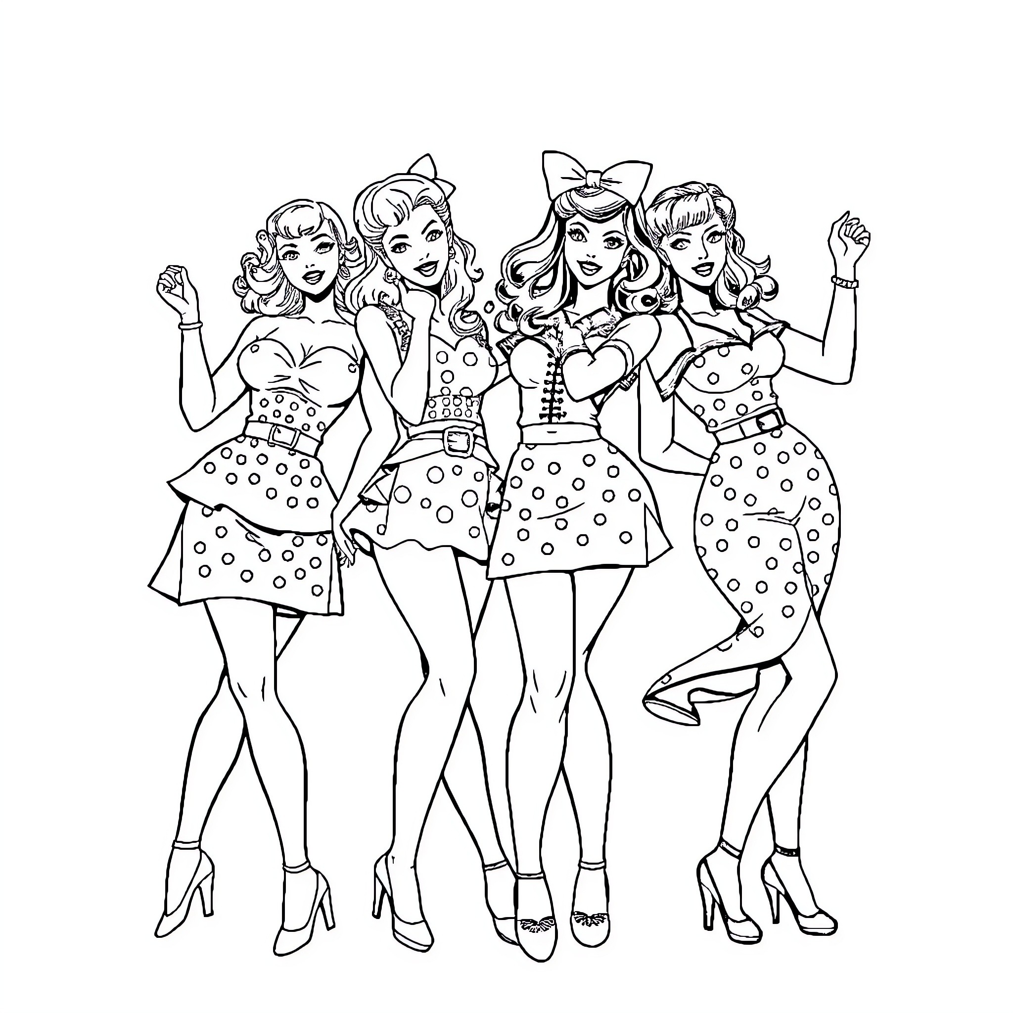 Pin Up Girls Dancing and Celebrating Coloring Page (free black-and-white line drawing printable PDF for all, from beginners to advanced learners, including children, teens, adults, and seniors)