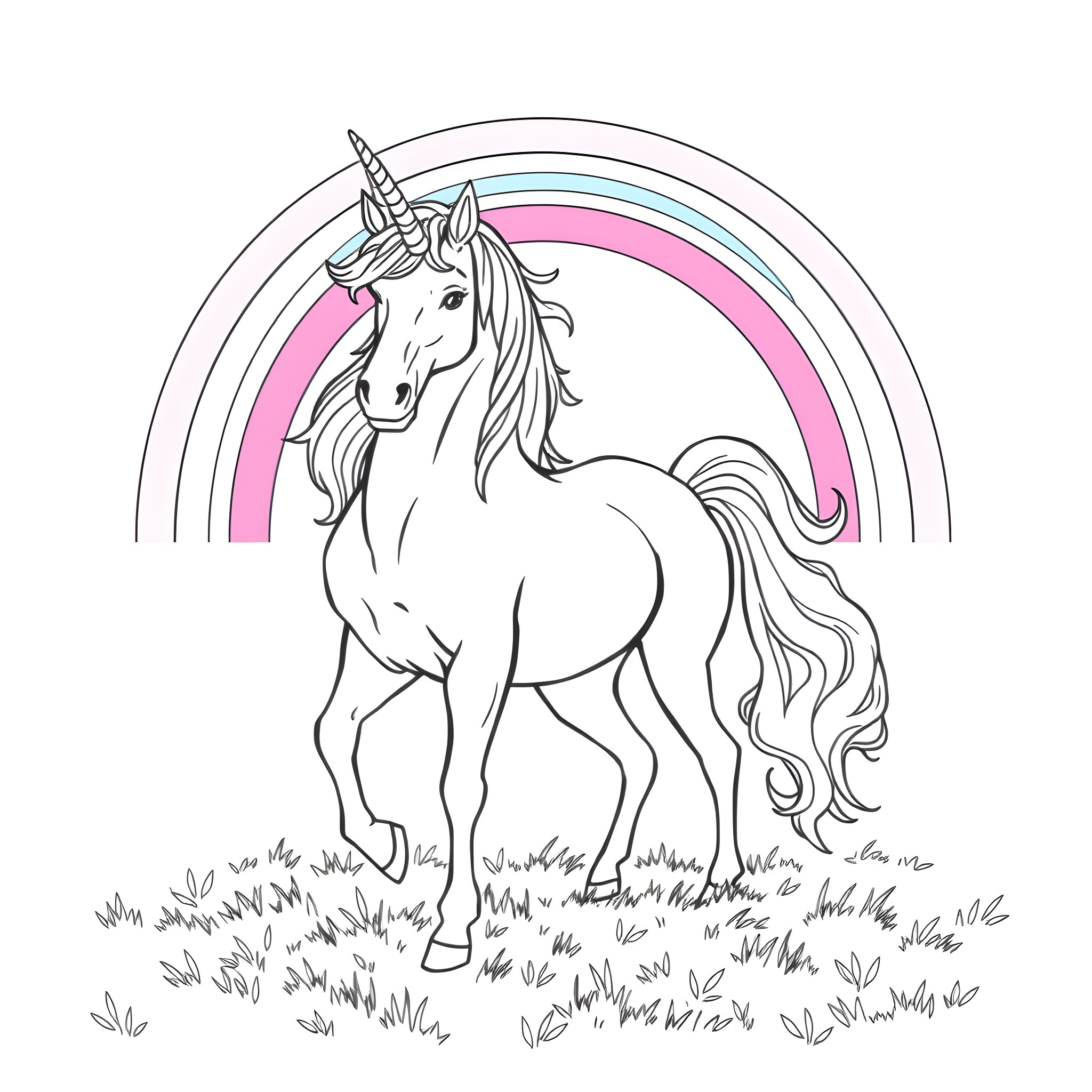 Unicorn standing proudly in a meadow Coloring Page (free black-and-white line drawing printable PDF for all, from beginners to advanced learners, including children, teens, adults, and seniors)