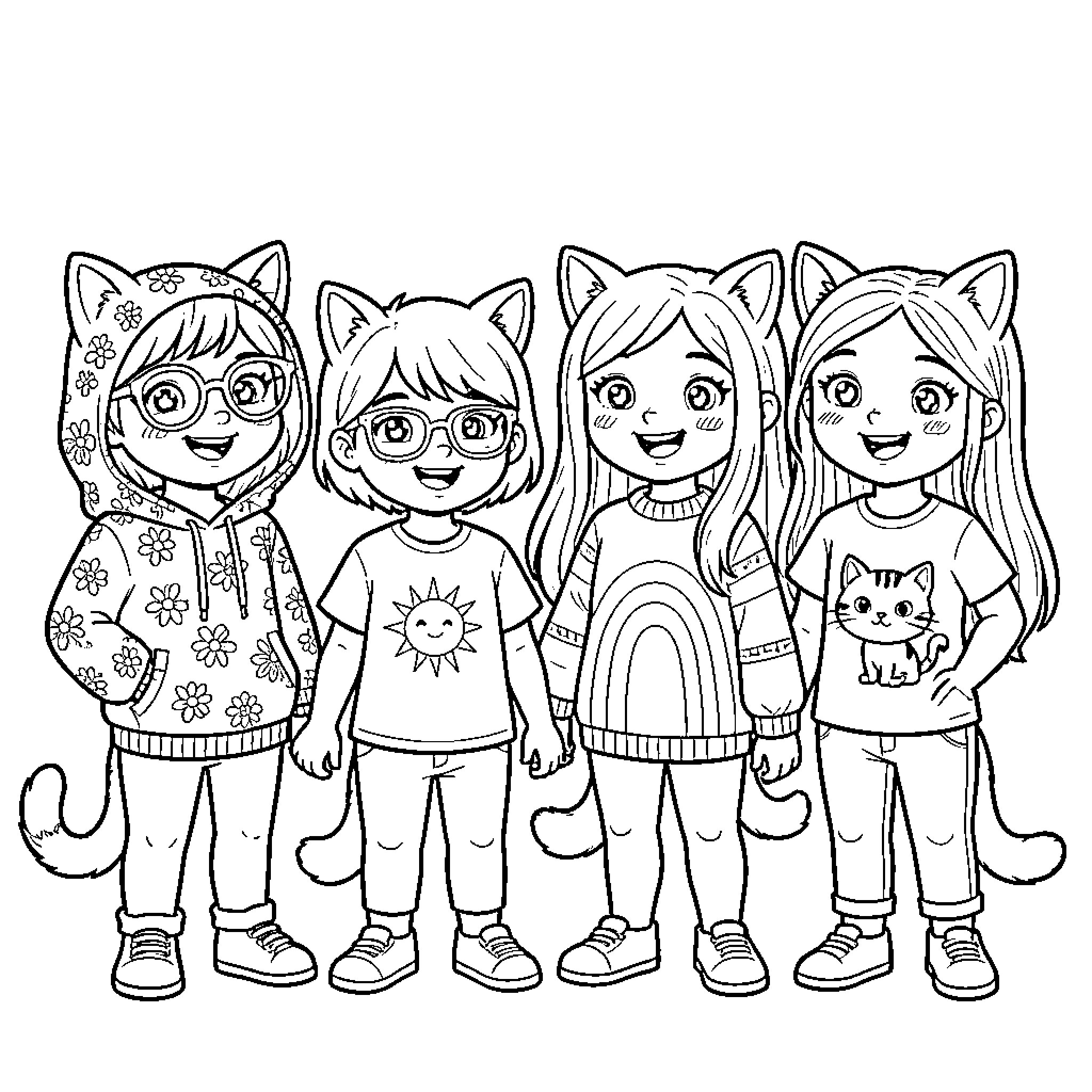 Fille group of friends enjoying their day Coloring Page (free black-and-white line drawing printable PDF for all, from beginners to advanced learners, including children, teens, adults, and seniors)