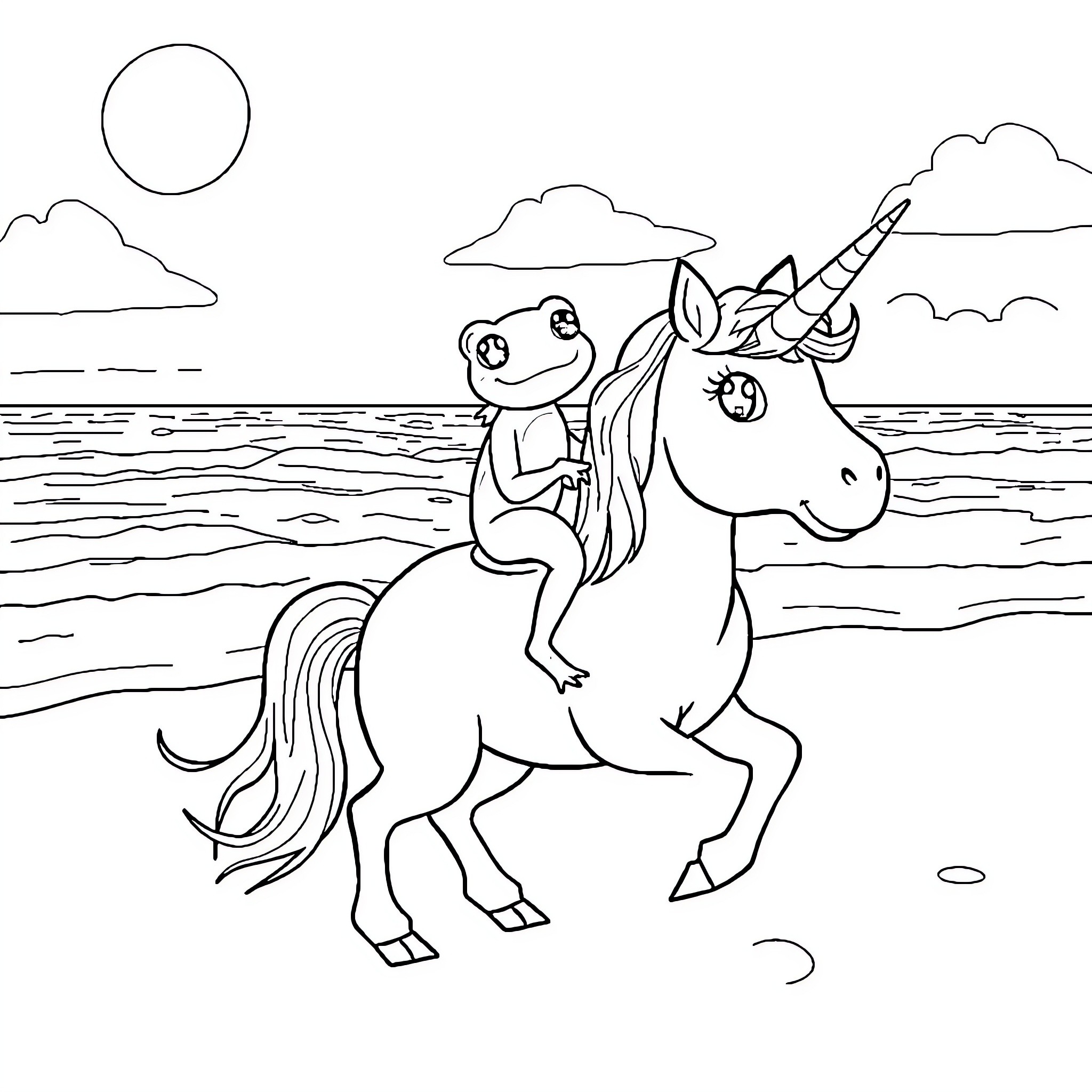 Frog riding a unicorn on the beach Coloring Page (free black-and-white line drawing printable PDF for all, from beginners to advanced learners, including children, teens, adults, and seniors)