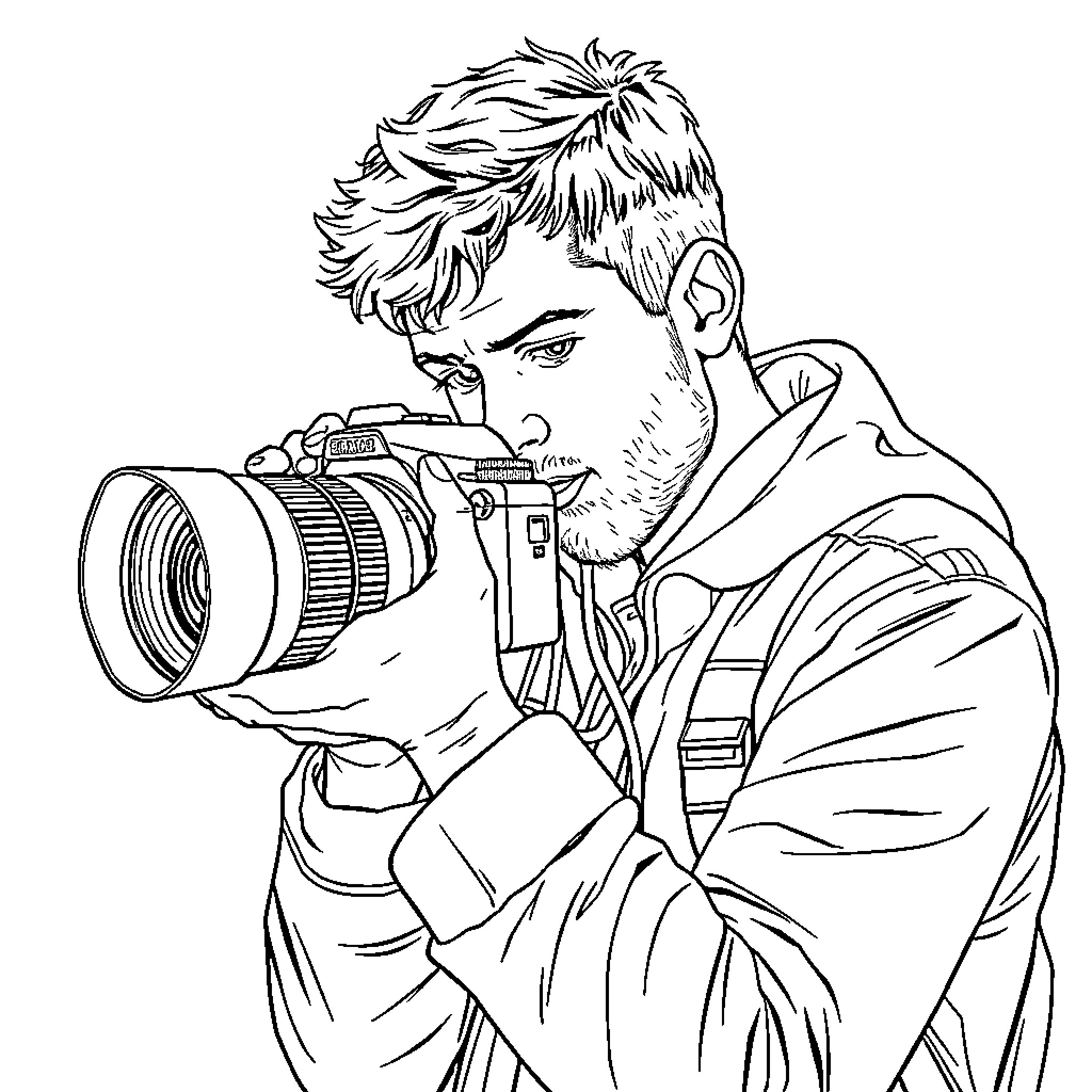 Cameraman capturing the scene with camera Coloring Page (free black-and-white line drawing printable PDF for all, from beginners to advanced learners, including children, teens, adults, and seniors)