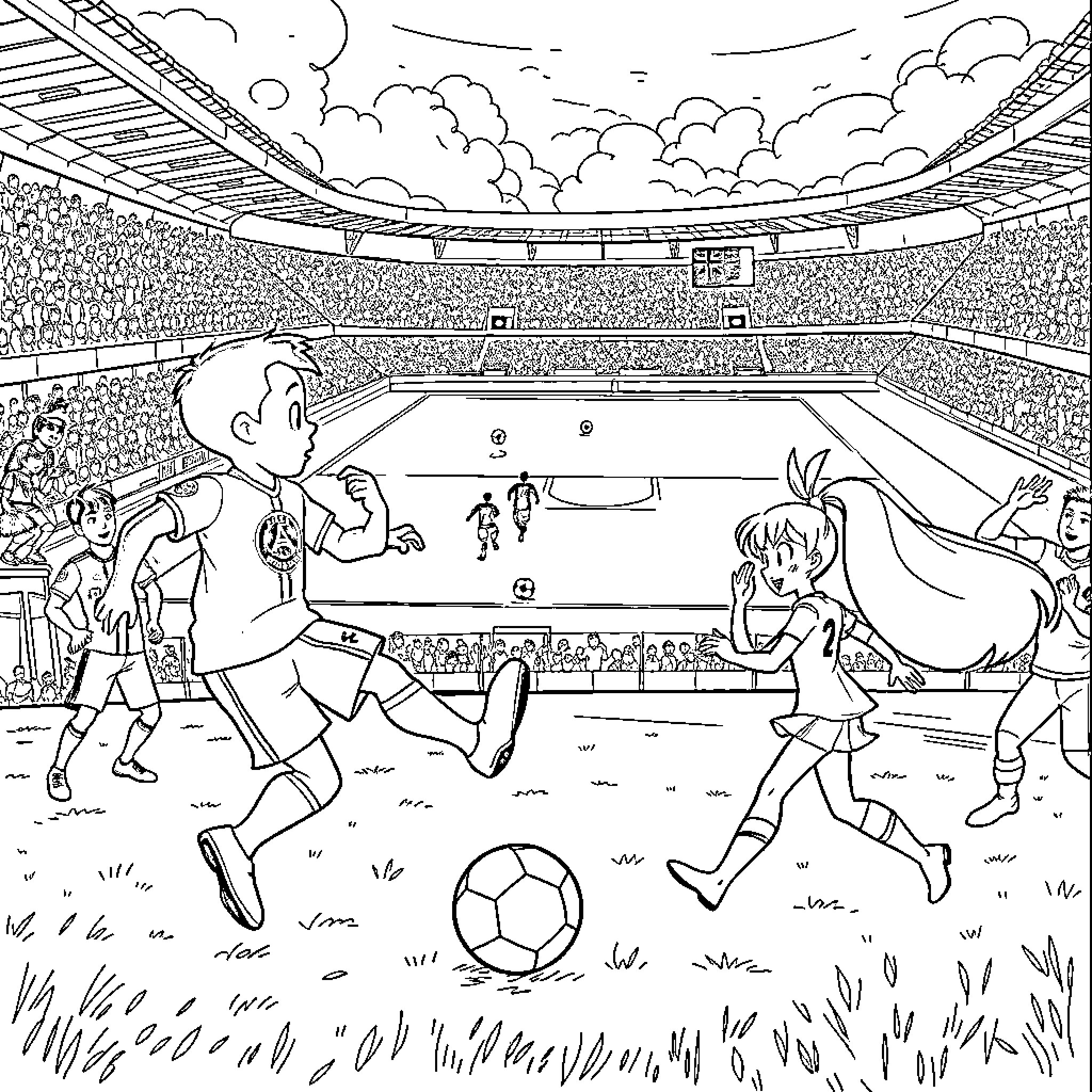 Football Players Competing on the Field Coloring Page (free black-and-white line drawing printable PDF for all, from beginners to advanced learners, including children, teens, adults, and seniors)