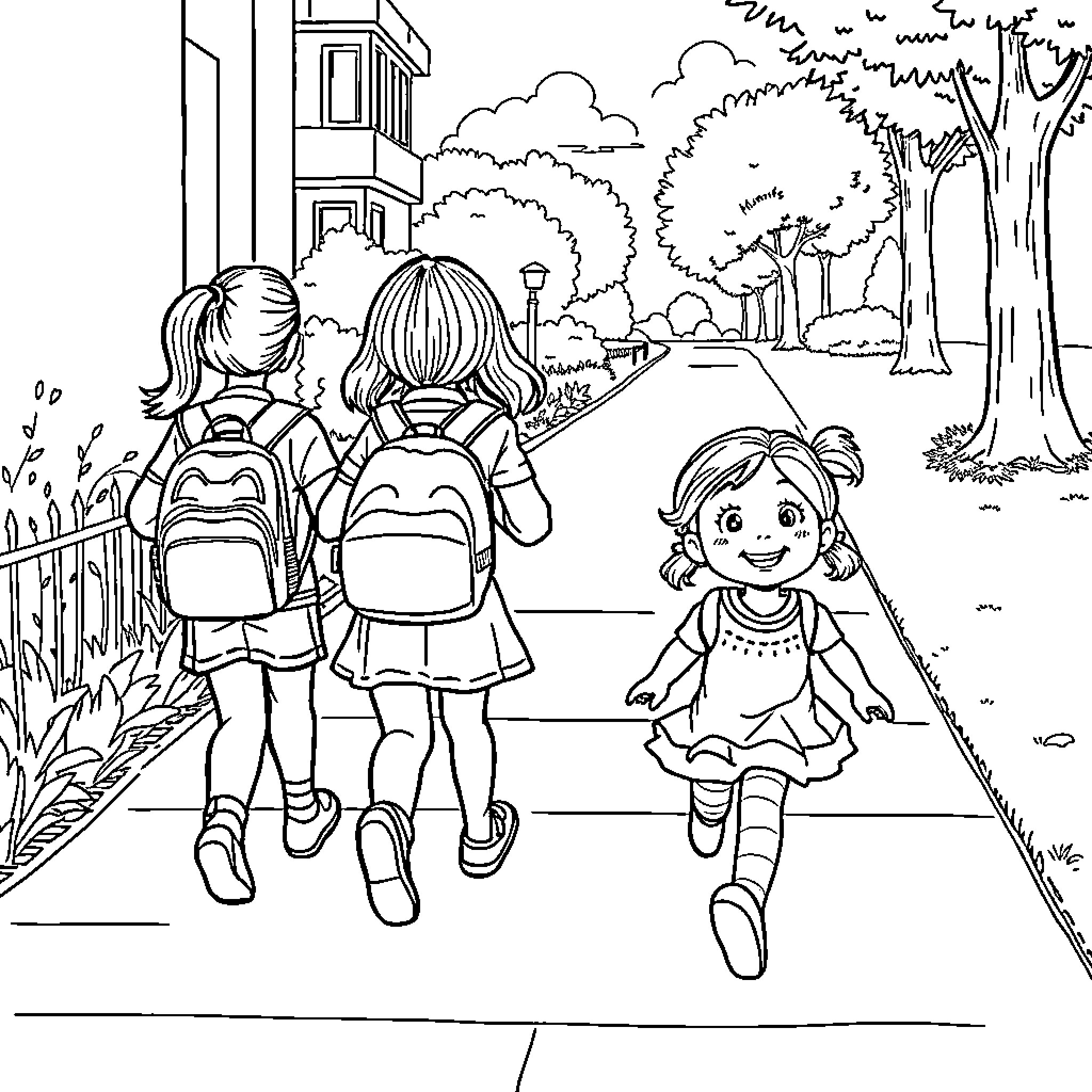 Girl walks to school with friends on a scenic path Coloring Page (free black-and-white line drawing printable PDF for all, from beginners to advanced learners, including children, teens, adults, and seniors)