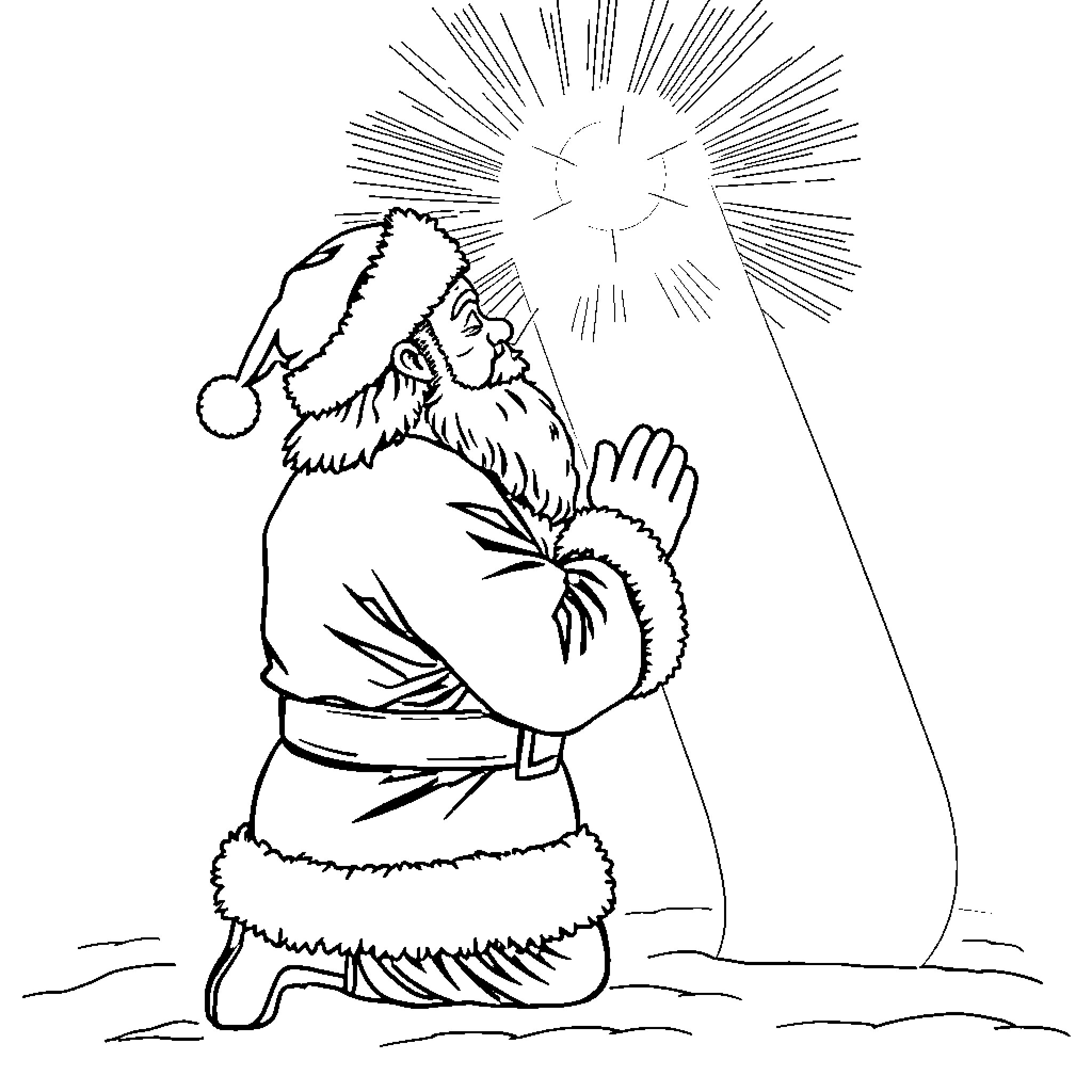 Santa Claus praying with radiant light Coloring Page (free black-and-white line drawing printable PDF for all, from beginners to advanced learners, including children, teens, adults, and seniors)