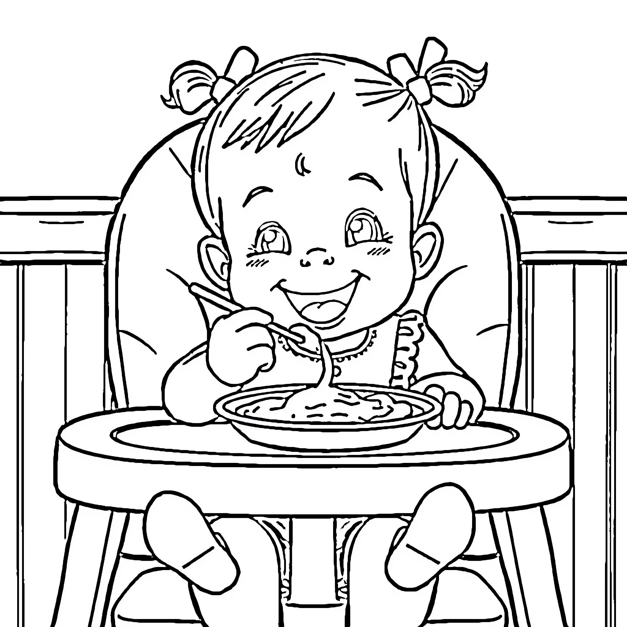 Baby Girl Enjoying a Meal Coloring Page (free black-and-white line drawing printable PDF for all, from beginners to advanced learners, including children, teens, adults, and seniors)