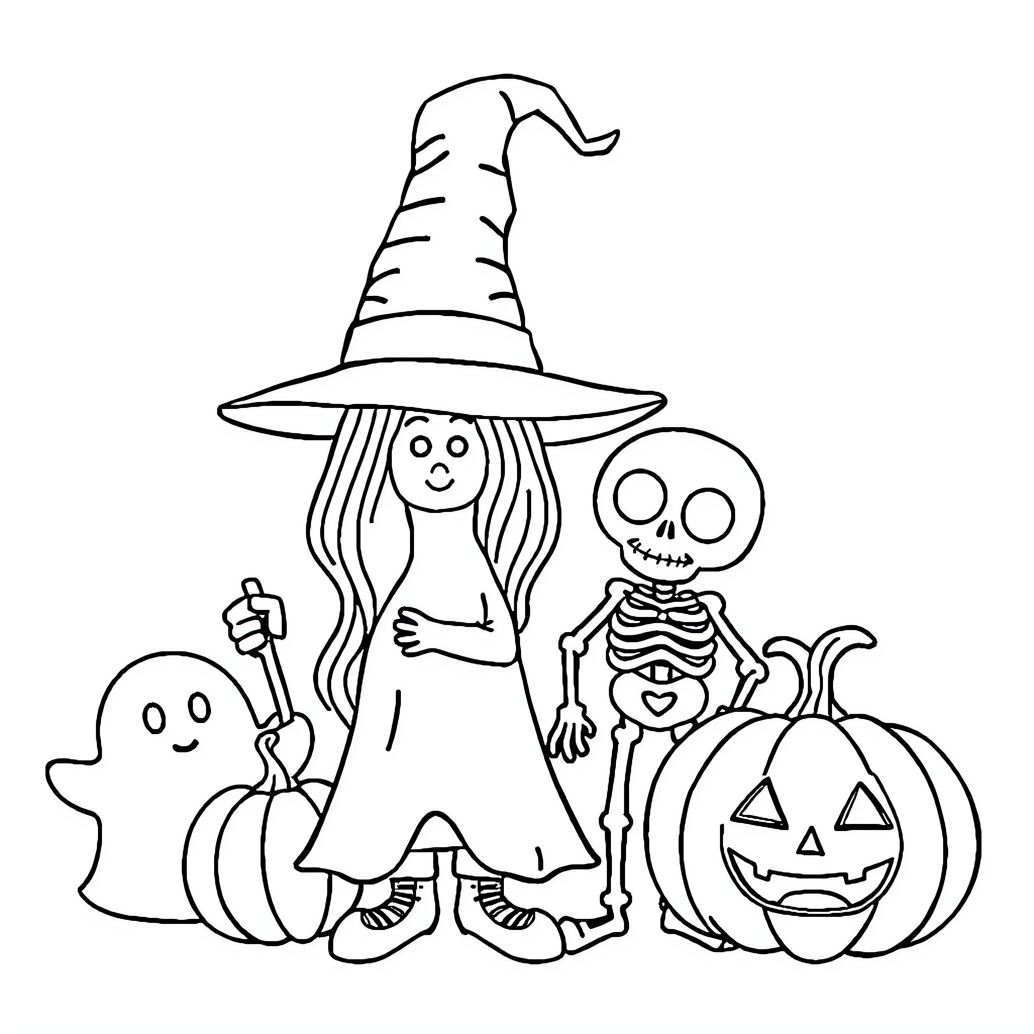 Halloween Character Trick-or-Treating with Spooky Friends Coloring Page (free black-and-white line drawing printable PDF for all, from beginners to advanced learners, including children, teens, adults, and seniors)