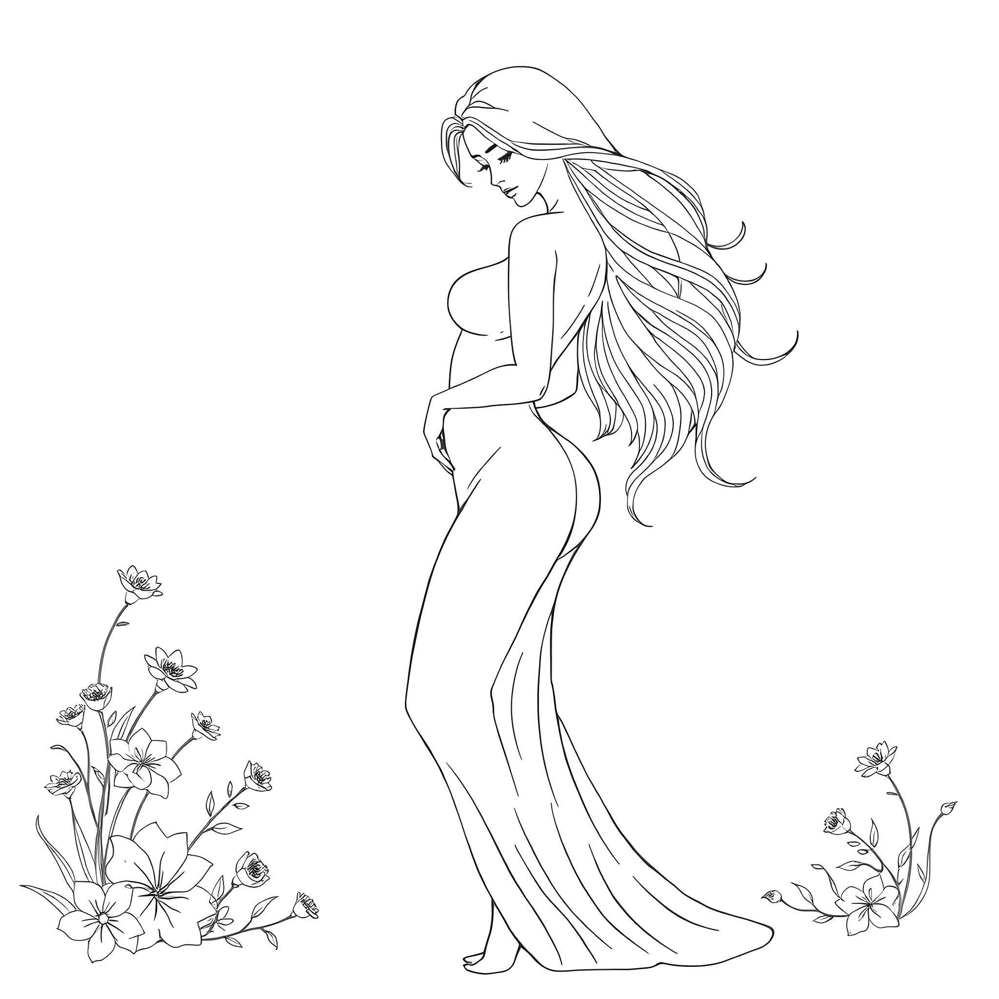 Lady with Flowing Hair and Floral Decor Coloring Page (free black-and-white line drawing printable PDF for all, from beginners to advanced learners, including children, teens, adults, and seniors)
