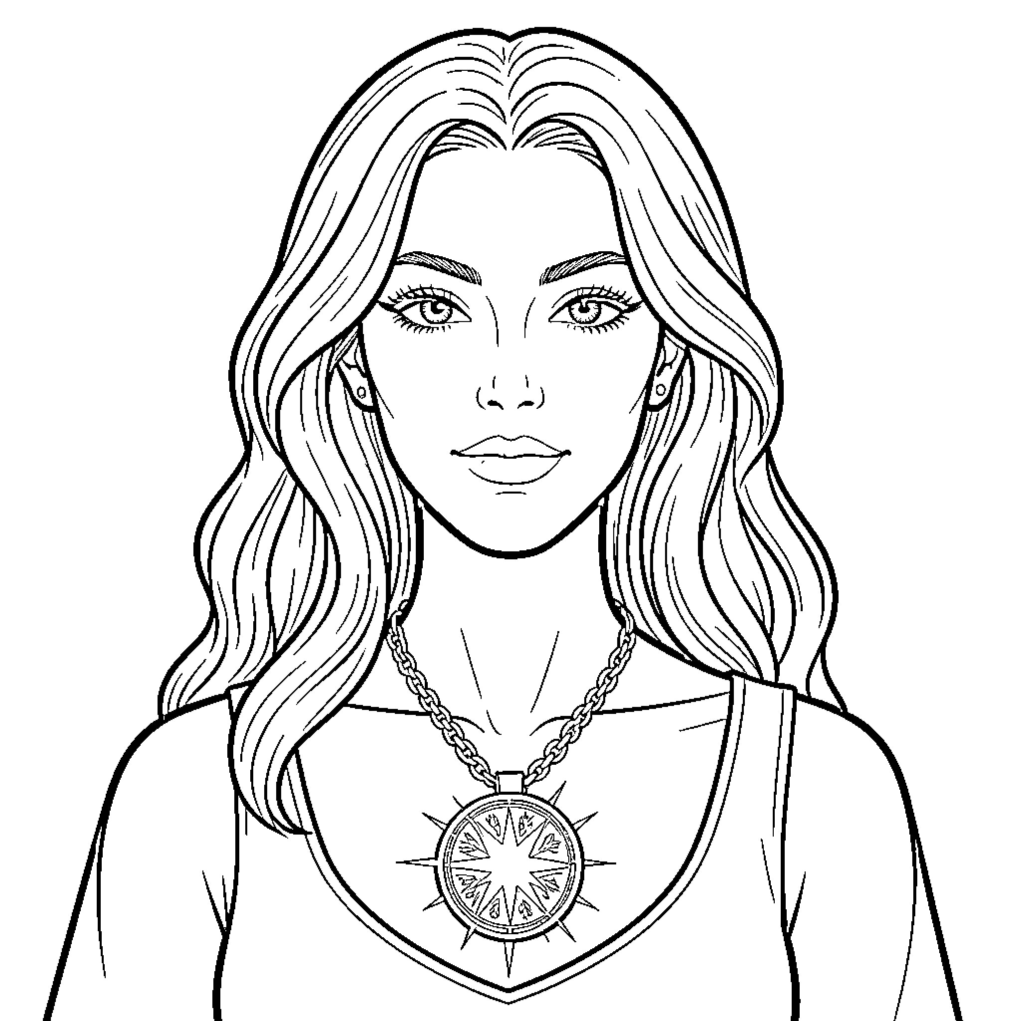 Duid woman with flowing hair and pendant Coloring Page (free black-and-white line drawing printable PDF for all, from beginners to advanced learners, including children, teens, adults, and seniors)