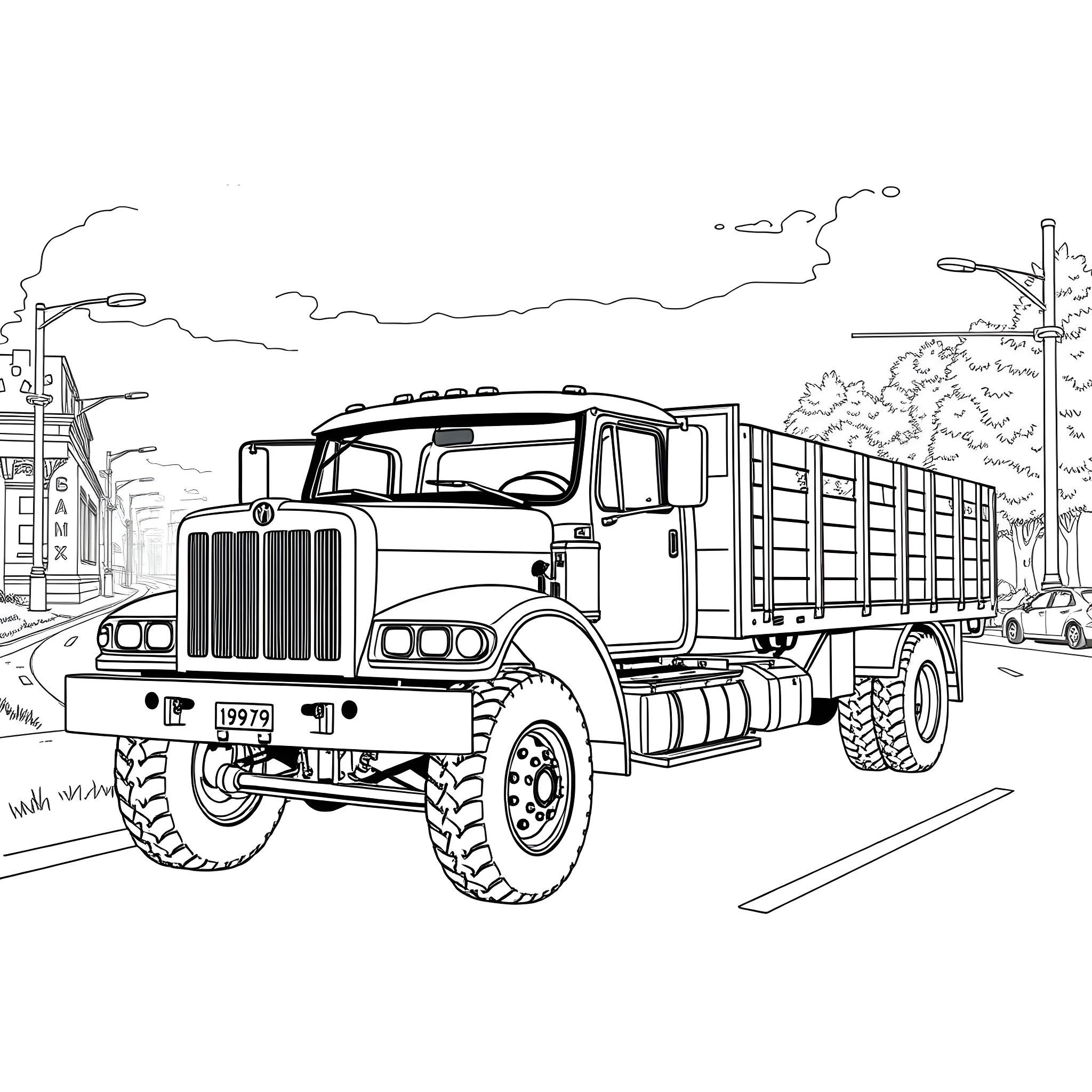 Flatbed truck transporting goods through the city Coloring Page (free black-and-white line drawing printable PDF for all, from beginners to advanced learners, including children, teens, adults, and seniors)