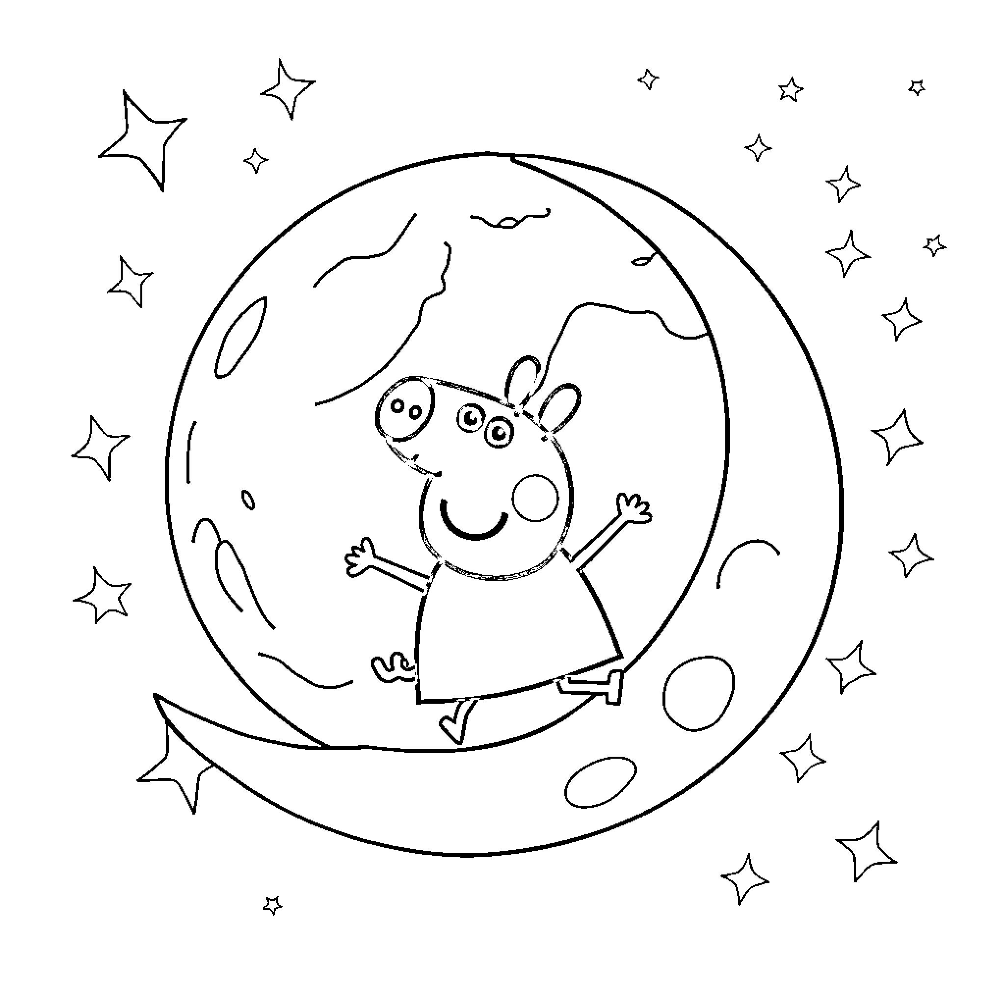 Peppa Pig enjoying a night under the stars Coloring Page (free black-and-white line drawing printable PDF for all, from beginners to advanced learners, including children, teens, adults, and seniors)