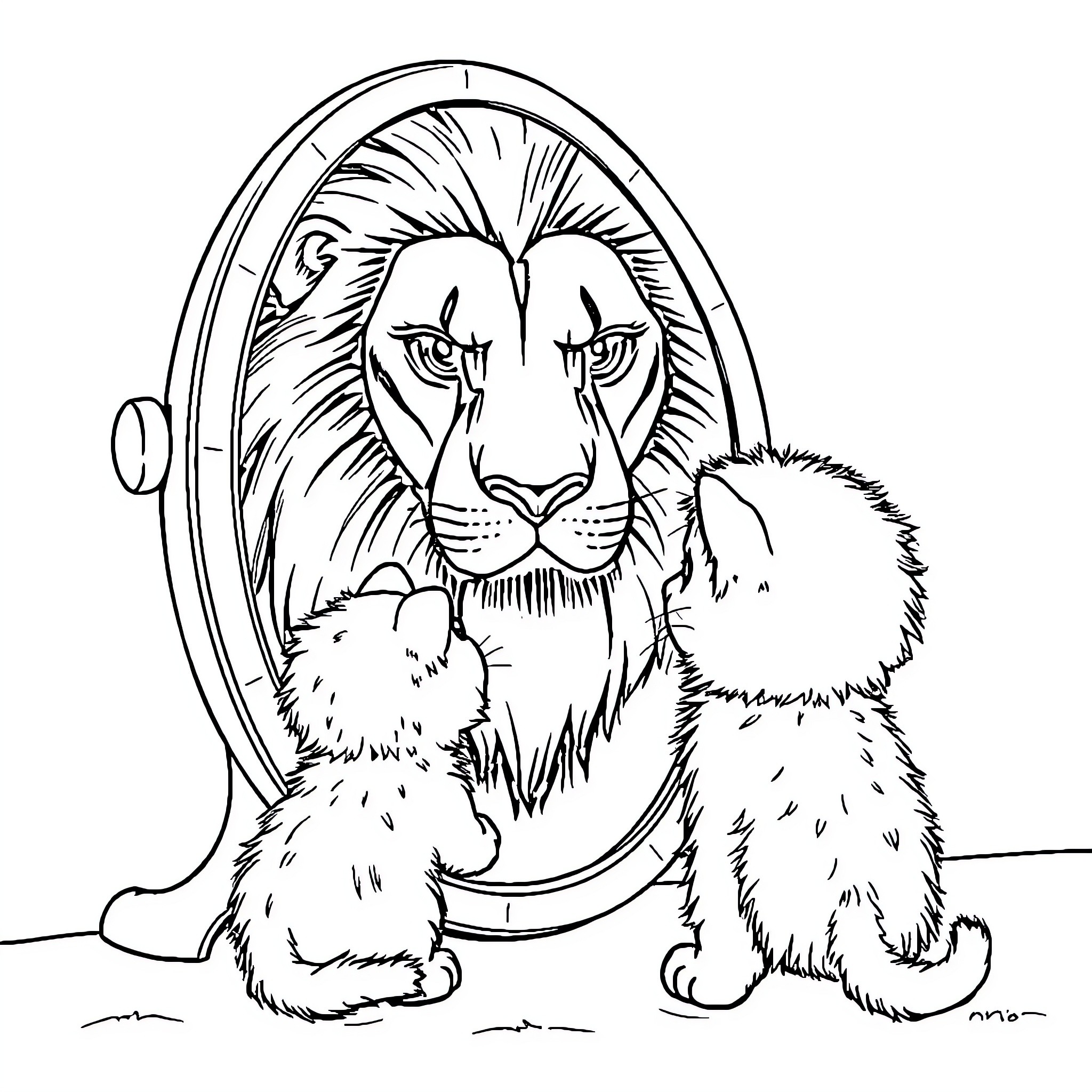 Kitten looking at its reflection in the mirror Coloring Page (free black-and-white line drawing printable PDF for all, from beginners to advanced learners, including children, teens, adults, and seniors)