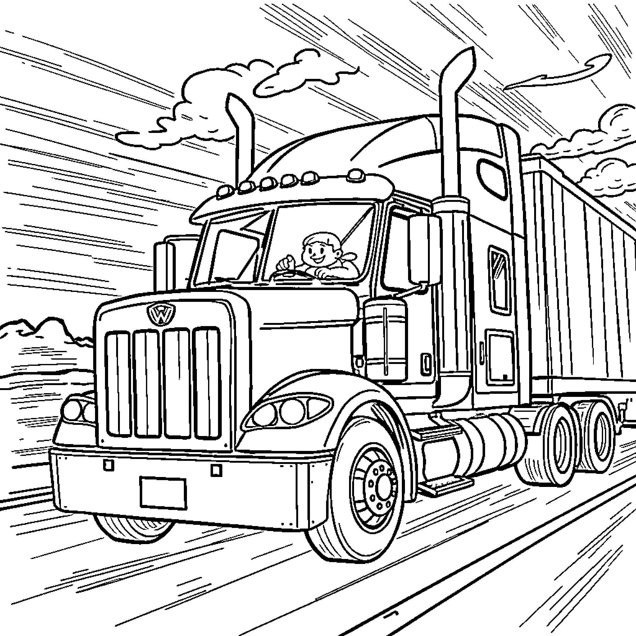 Semi Truck Speeding Down the Road Coloring Page (free black-and-white line drawing printable PDF for all, from beginners to advanced learners, including children, teens, adults, and seniors)