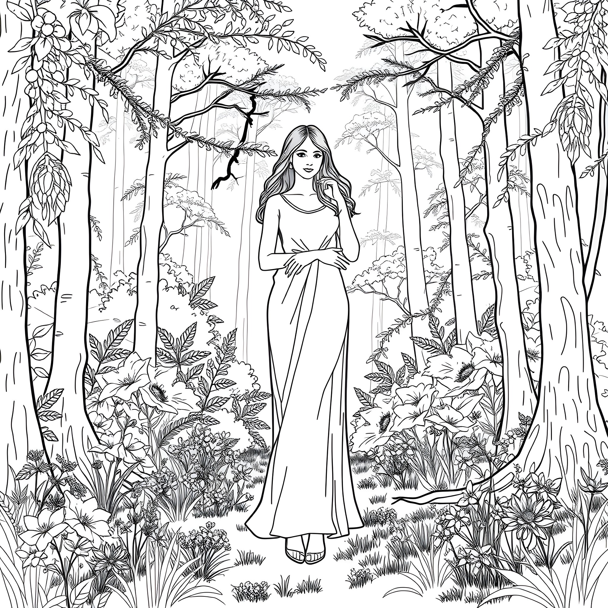Debbie Kinsella walking gracefully through the enchanted forest Coloring Page (free black-and-white line drawing printable PDF for all, from beginners to advanced learners, including children, teens, adults, and seniors)