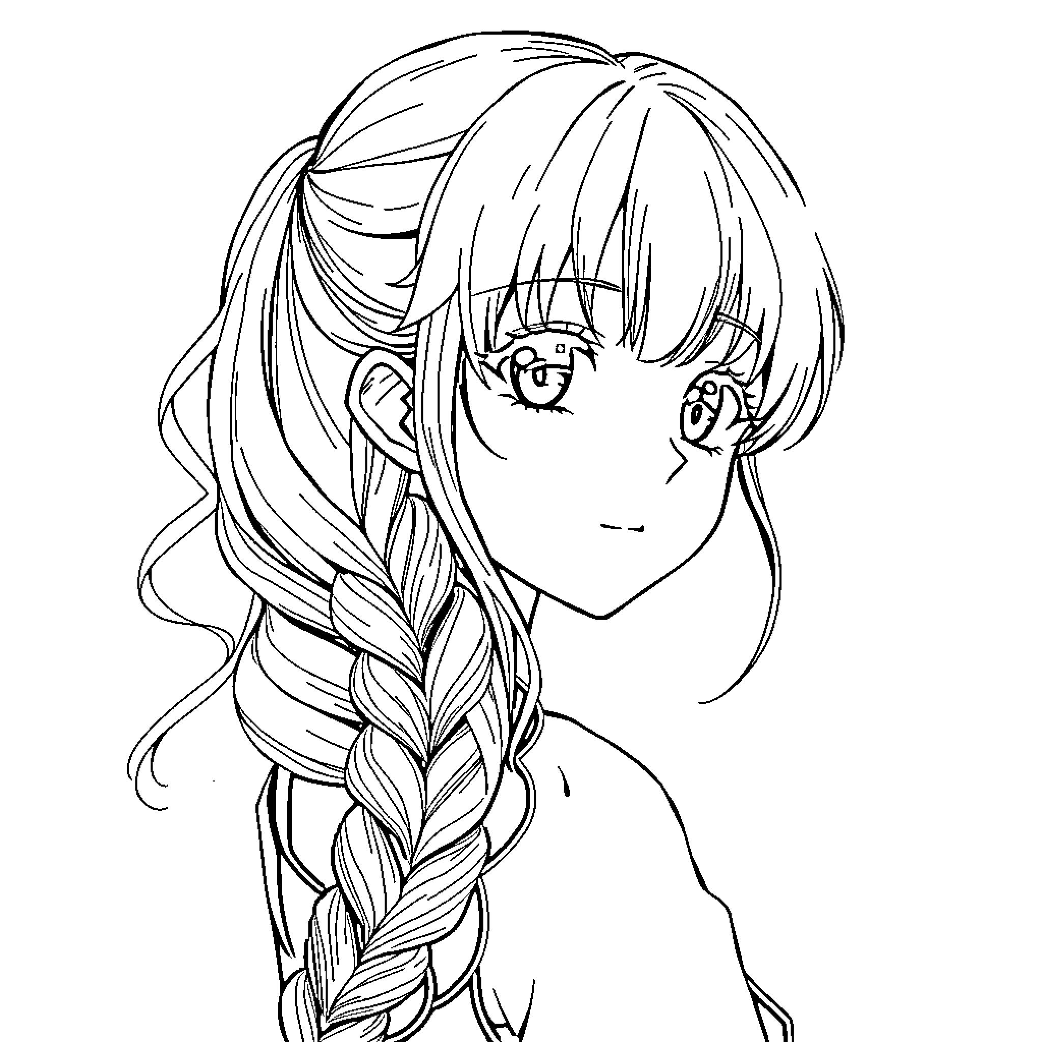 Anime Girl with Braided Hair Coloring Page (free black-and-white line drawing printable PDF for all, from beginners to advanced learners, including children, teens, adults, and seniors)