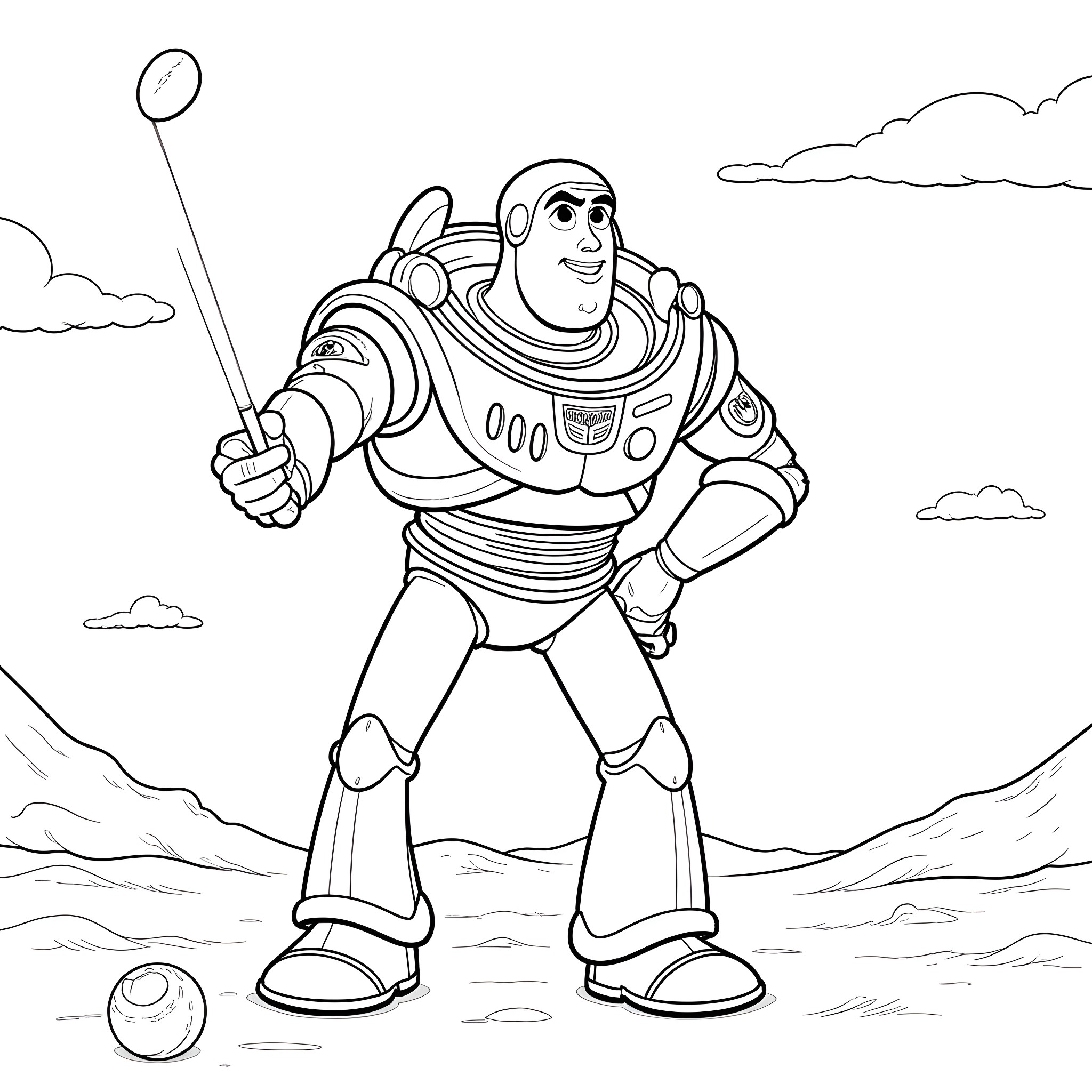 Buzz Lightyear Standing Tall in Outer Space Coloring Page (free black-and-white line drawing printable PDF for all, from beginners to advanced learners, including children, teens, adults, and seniors)