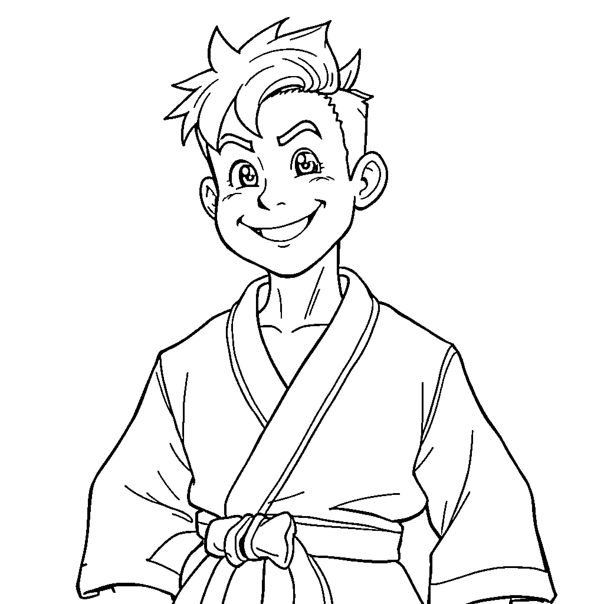 Ken in Casual Kimono Attire with Cheerful Expression Coloring Page (free black-and-white line drawing printable PDF for all, from beginners to advanced learners, including children, teens, adults, and seniors)
