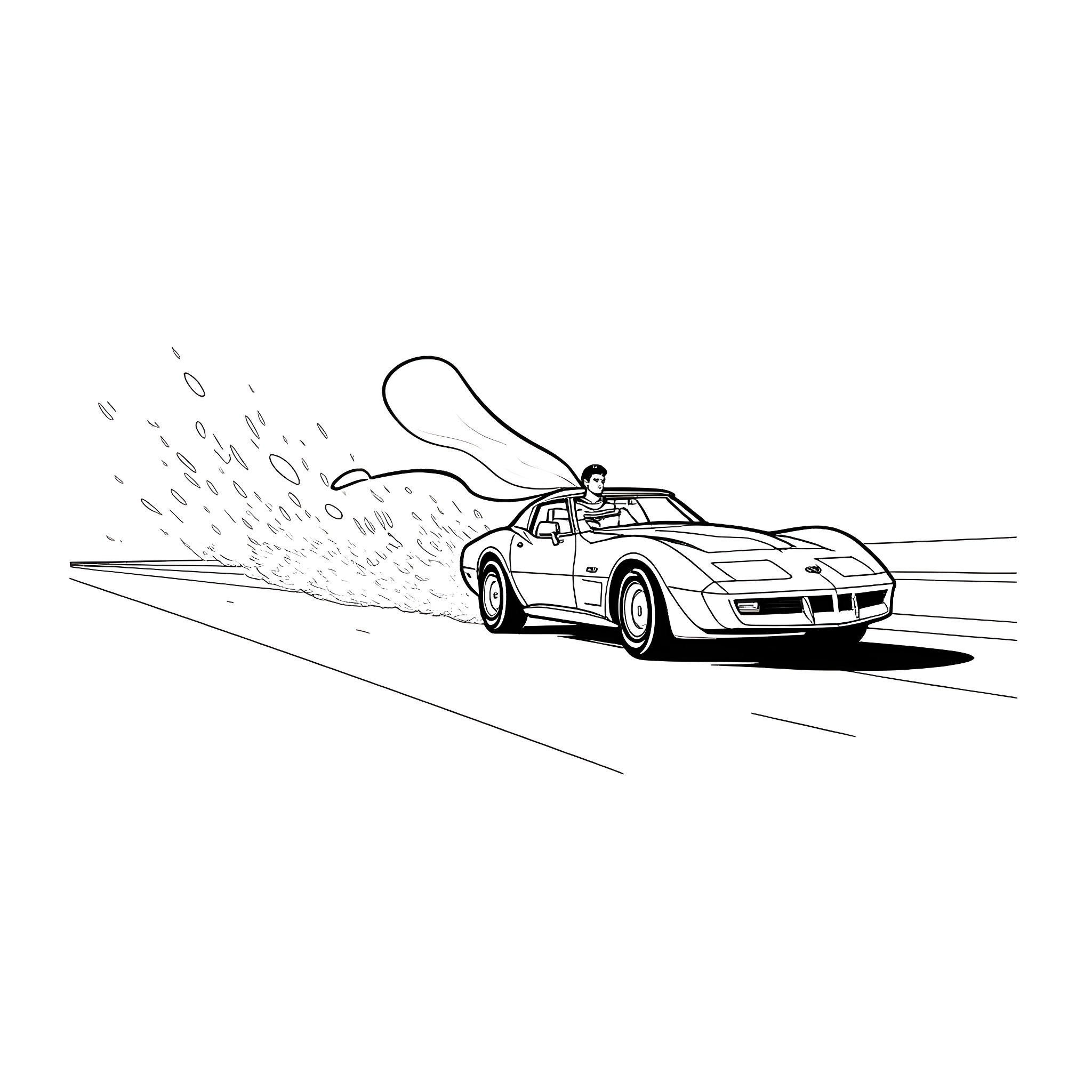 Superman driving a fast sports car on the road Coloring Page (free black-and-white line drawing printable PDF for all, from beginners to advanced learners, including children, teens, adults, and seniors)