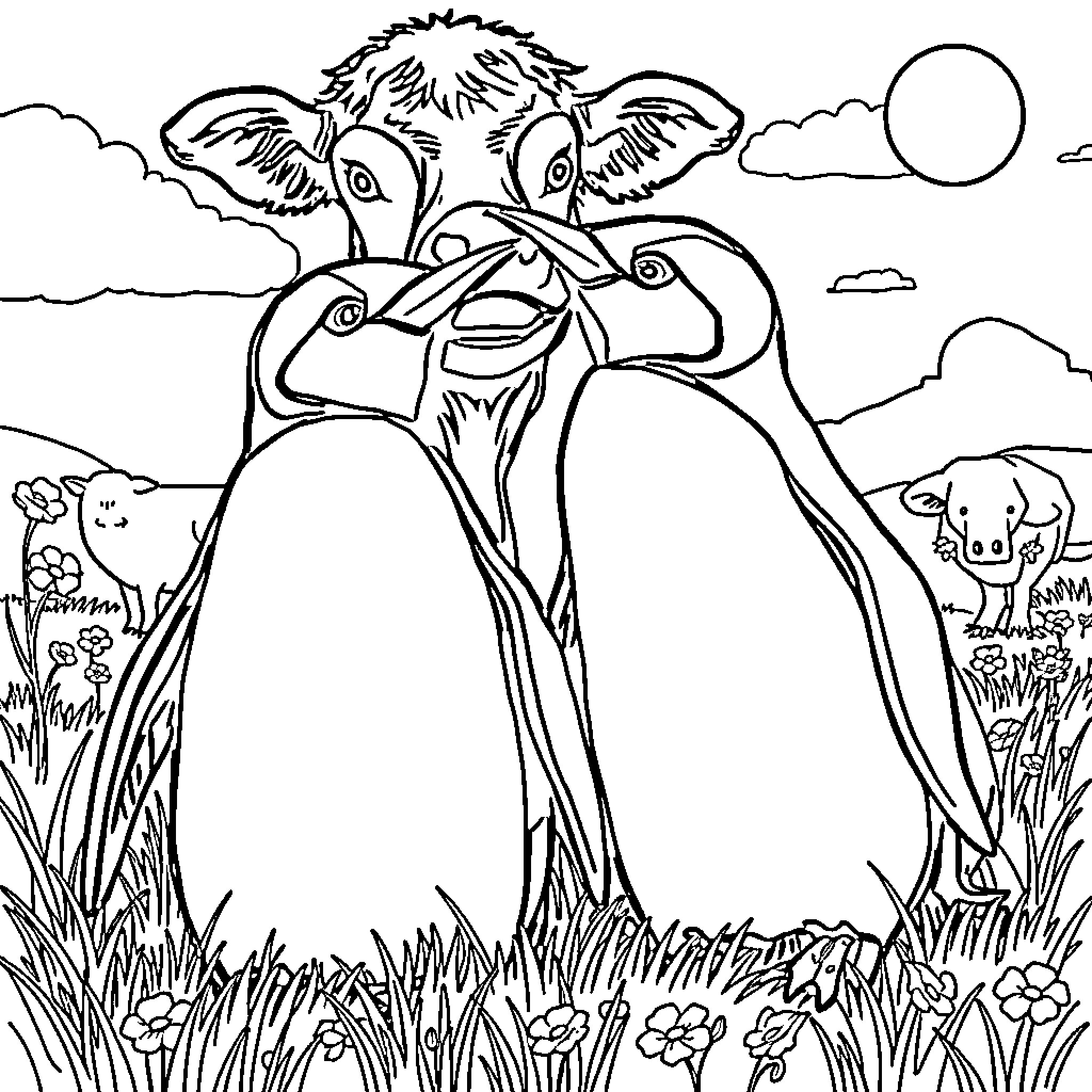 Penguins playfully enjoying the outdoors Coloring Page (free black-and-white line drawing printable PDF for all, from beginners to advanced learners, including children, teens, adults, and seniors)