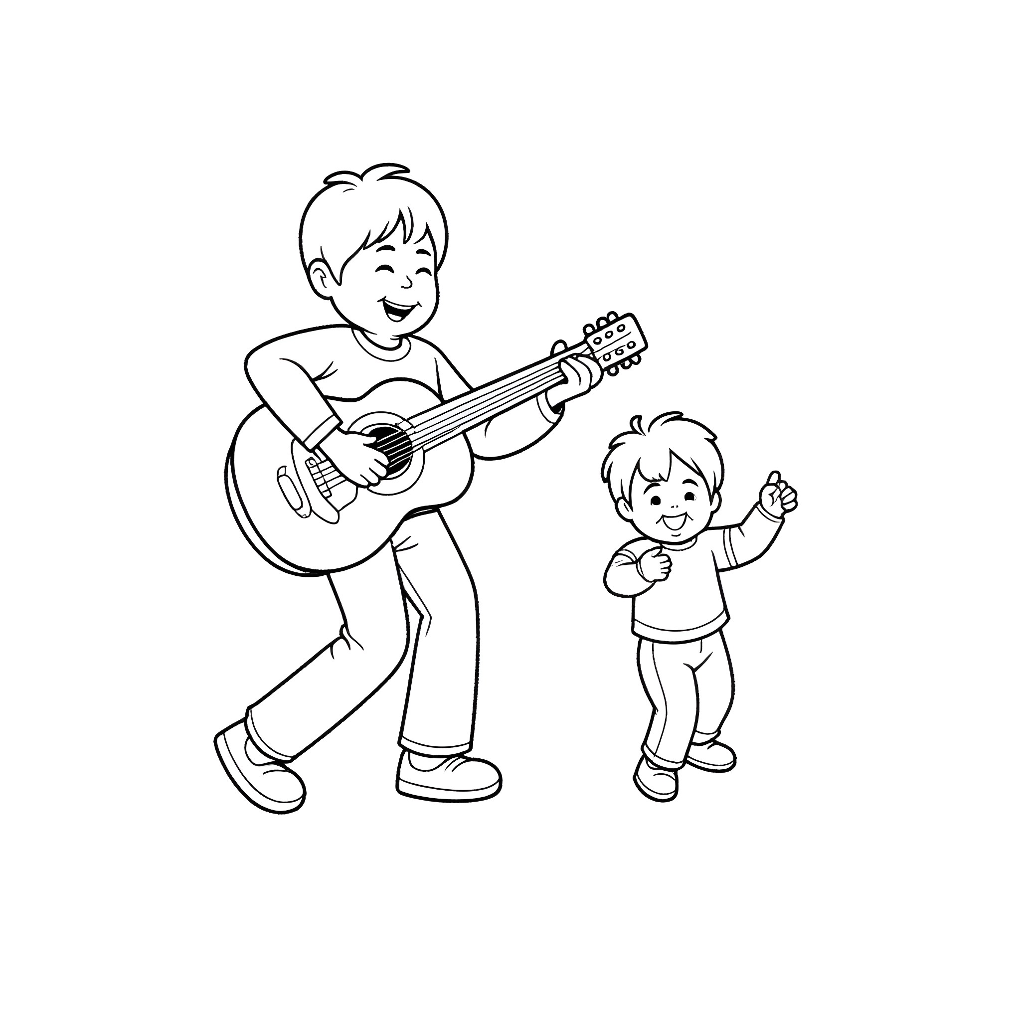 Beatles-inspired kids playing guitar and dancing Coloring Page (free black-and-white line drawing printable PDF for all, from beginners to advanced learners, including children, teens, adults, and seniors)