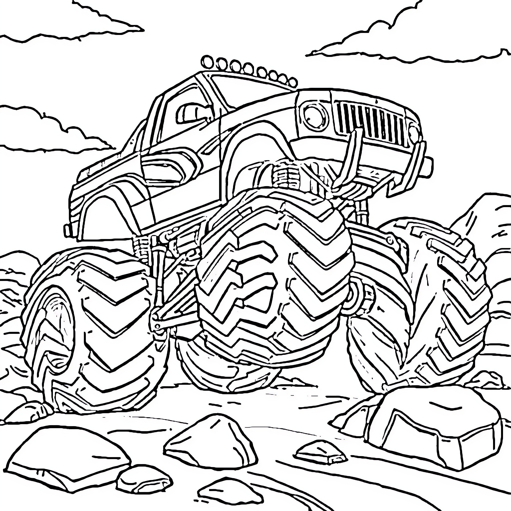 Monster Truck Crushing Through Rough Terrain Coloring Page (free black-and-white line drawing printable PDF for all, from beginners to advanced learners, including children, teens, adults, and seniors)