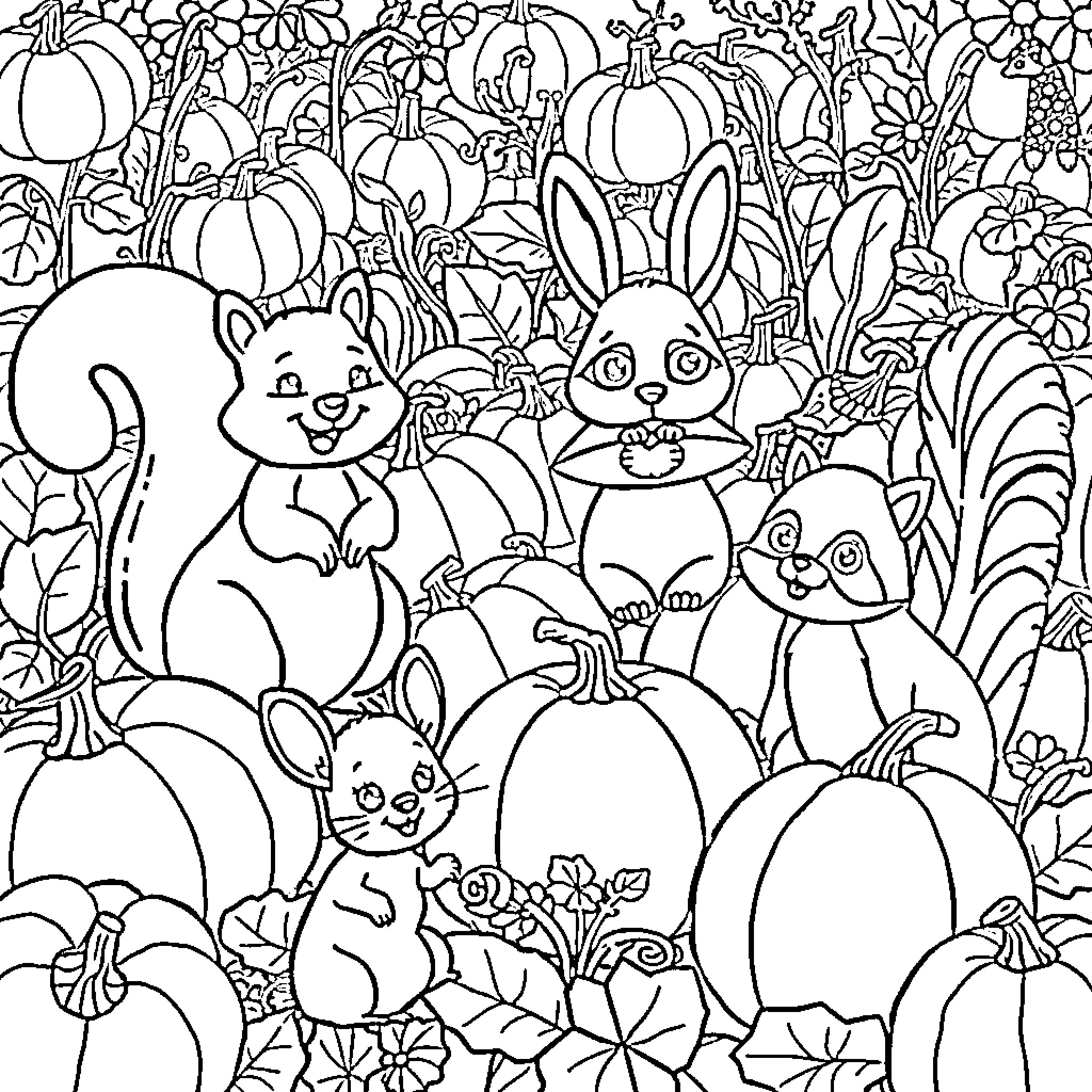 Animal friends among pumpkins and flowers Coloring Page (free black-and-white line drawing printable PDF for all, from beginners to advanced learners, including children, teens, adults, and seniors)