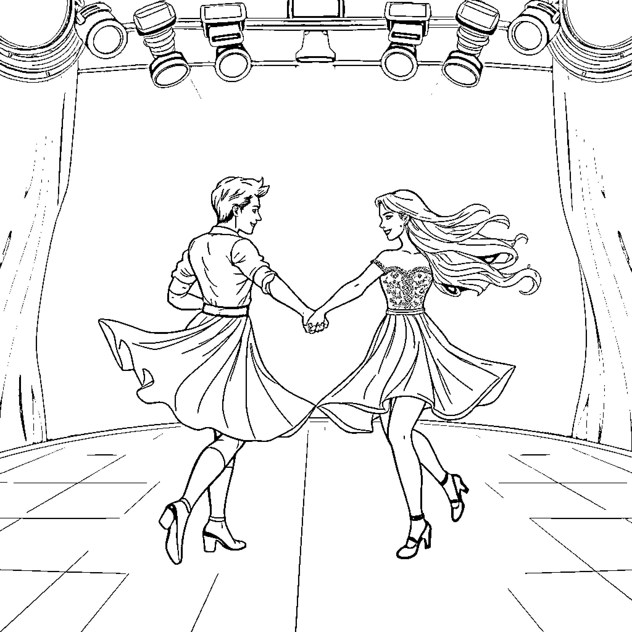 Irish Dancers Performing on Stage Coloring Page (free black-and-white line drawing printable PDF for all, from beginners to advanced learners, including children, teens, adults, and seniors)