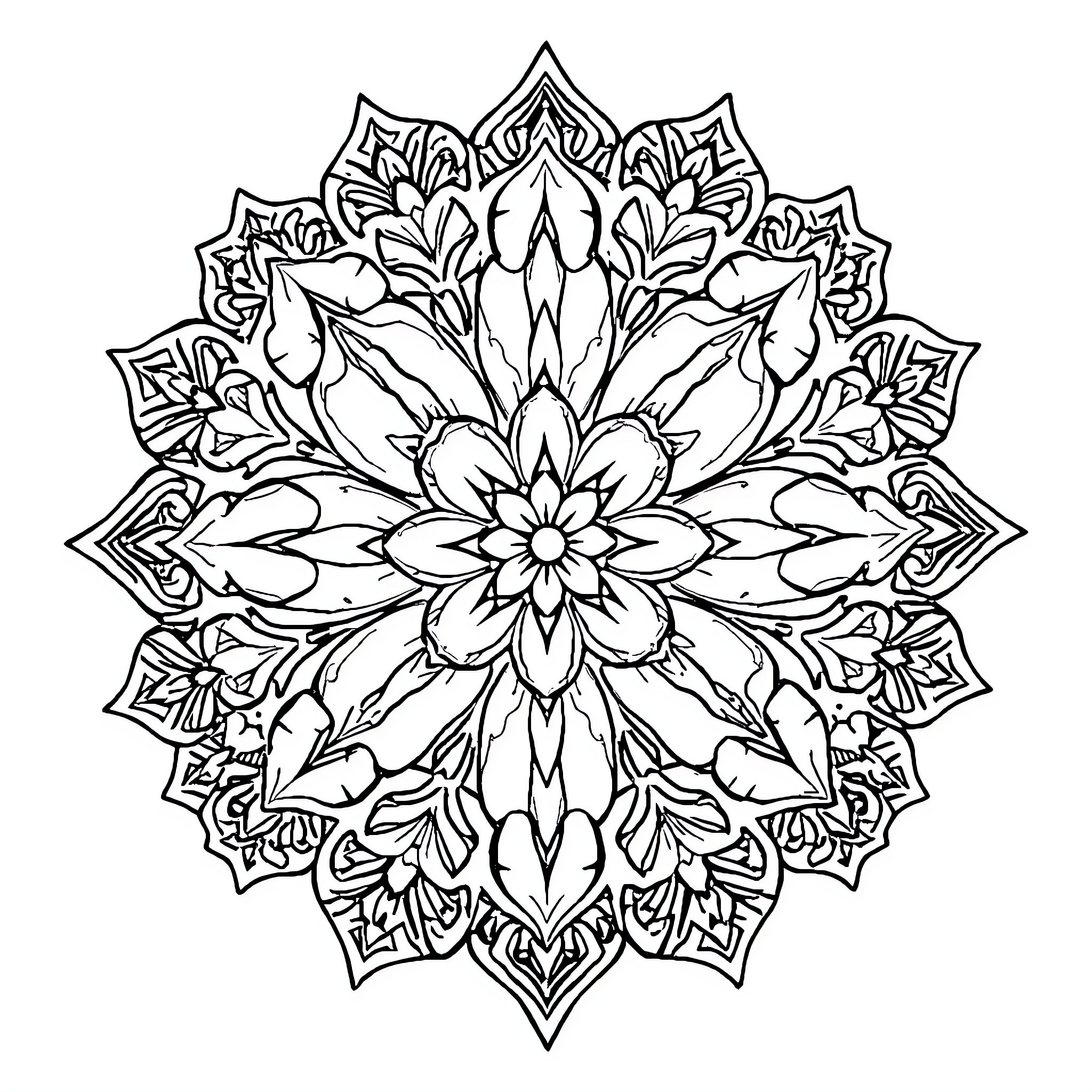 Mandala of intricate floral designs Coloring Page (free black-and-white line drawing printable PDF for all, from beginners to advanced learners, including children, teens, adults, and seniors)