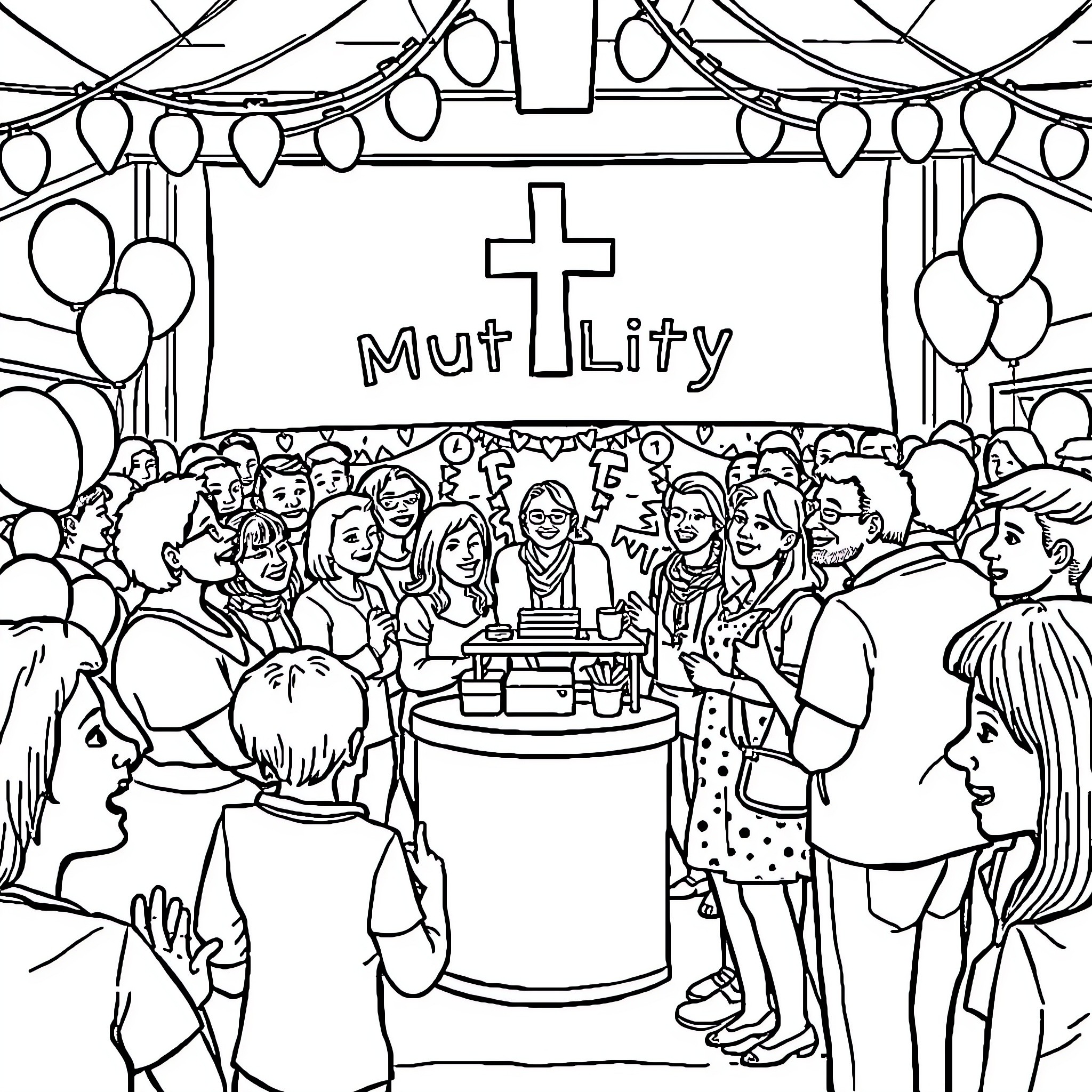 Bluey's Lively Community Celebration Coloring Page (free black-and-white line drawing printable PDF for all, from beginners to advanced learners, including children, teens, adults, and seniors)