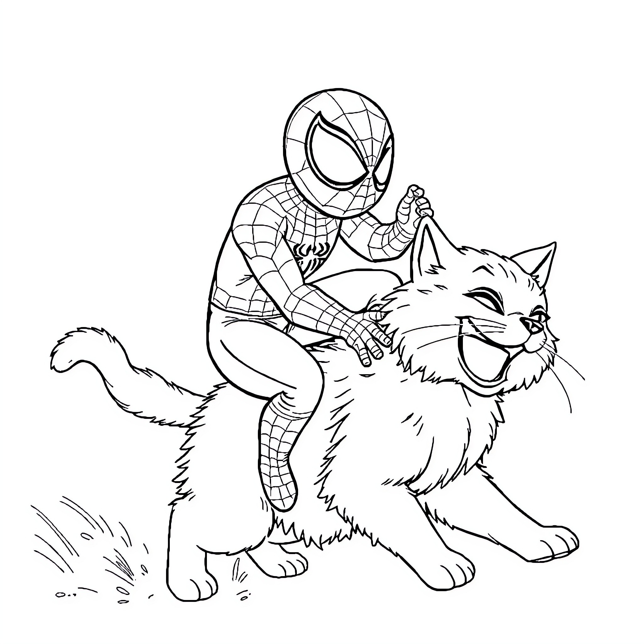 Spiderman rescuing playful kitten Coloring Page (free black-and-white line drawing printable PDF for all, from beginners to advanced learners, including children, teens, adults, and seniors)