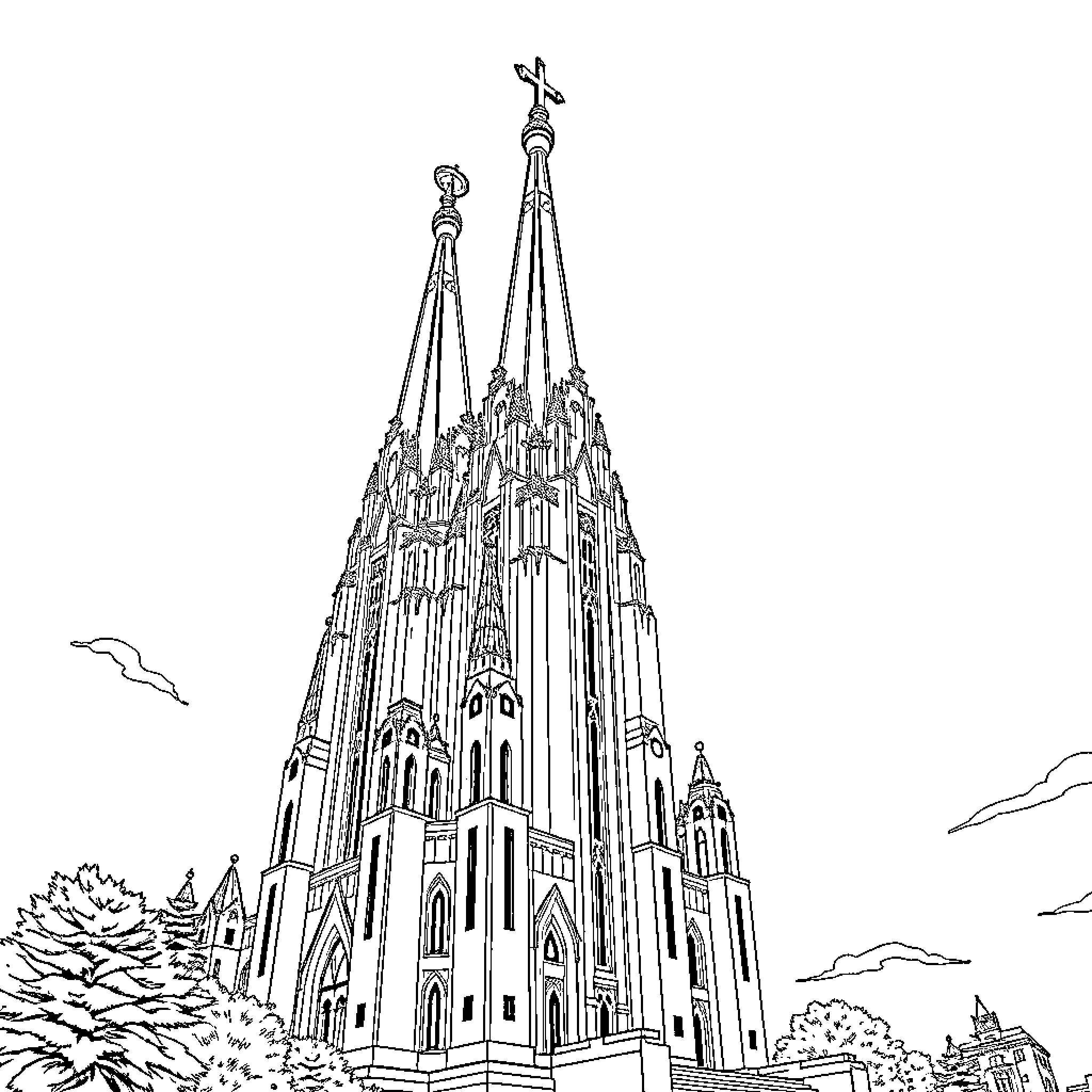 Temple with Ornate Spires and Towers Coloring Page (free black-and-white line drawing printable PDF for all, from beginners to advanced learners, including children, teens, adults, and seniors)