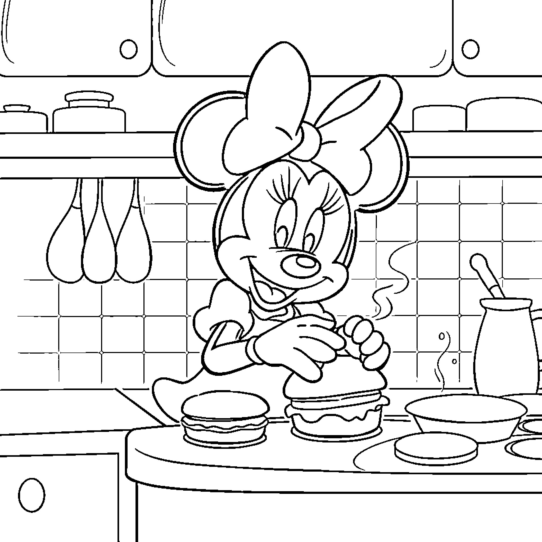 Minnie Mouse baking in the kitchen Coloring Page (free black-and-white line drawing printable PDF for all, from beginners to advanced learners, including children, teens, adults, and seniors)
