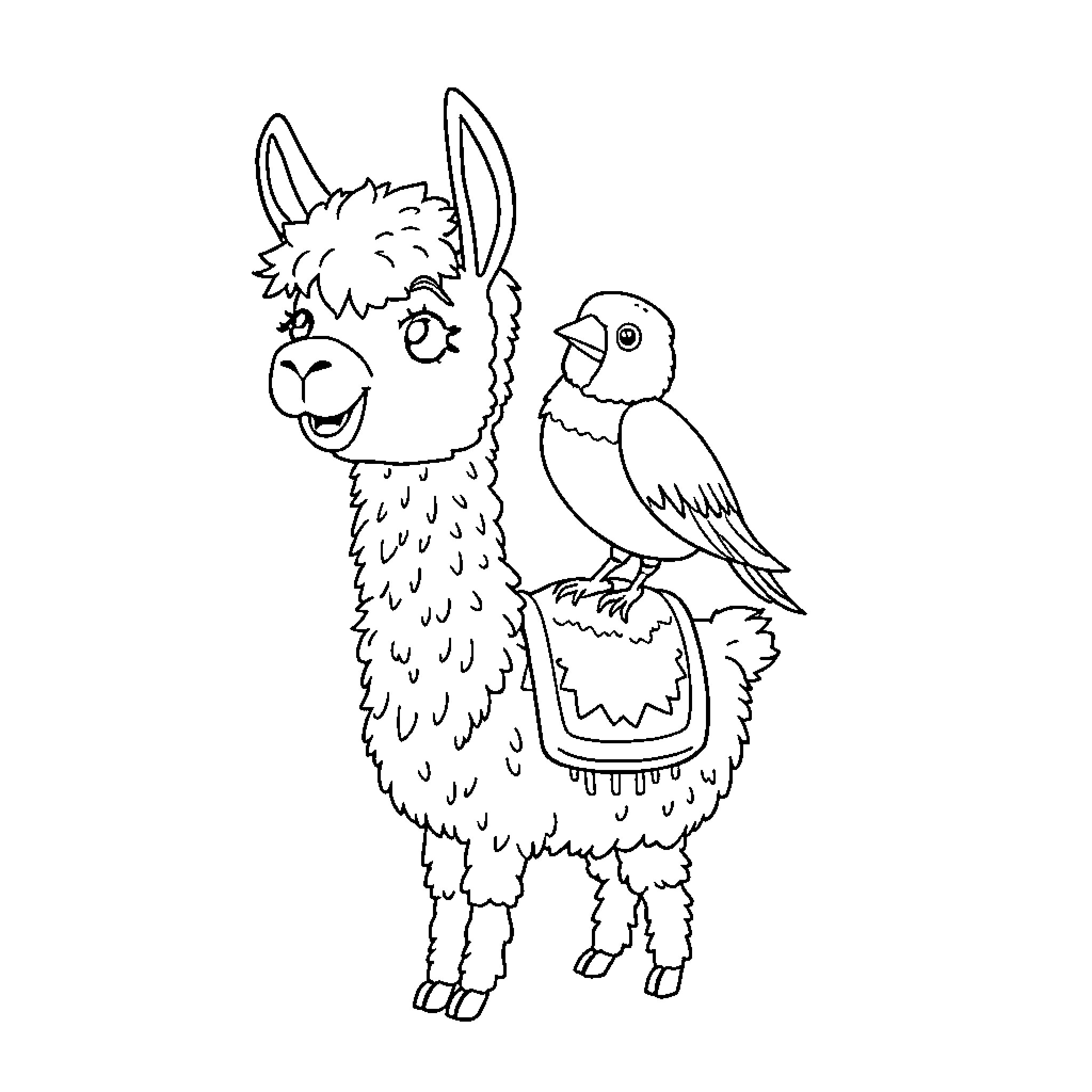 Llama and bird enjoying each other's company Coloring Page (free black-and-white line drawing printable PDF for all, from beginners to advanced learners, including children, teens, adults, and seniors)