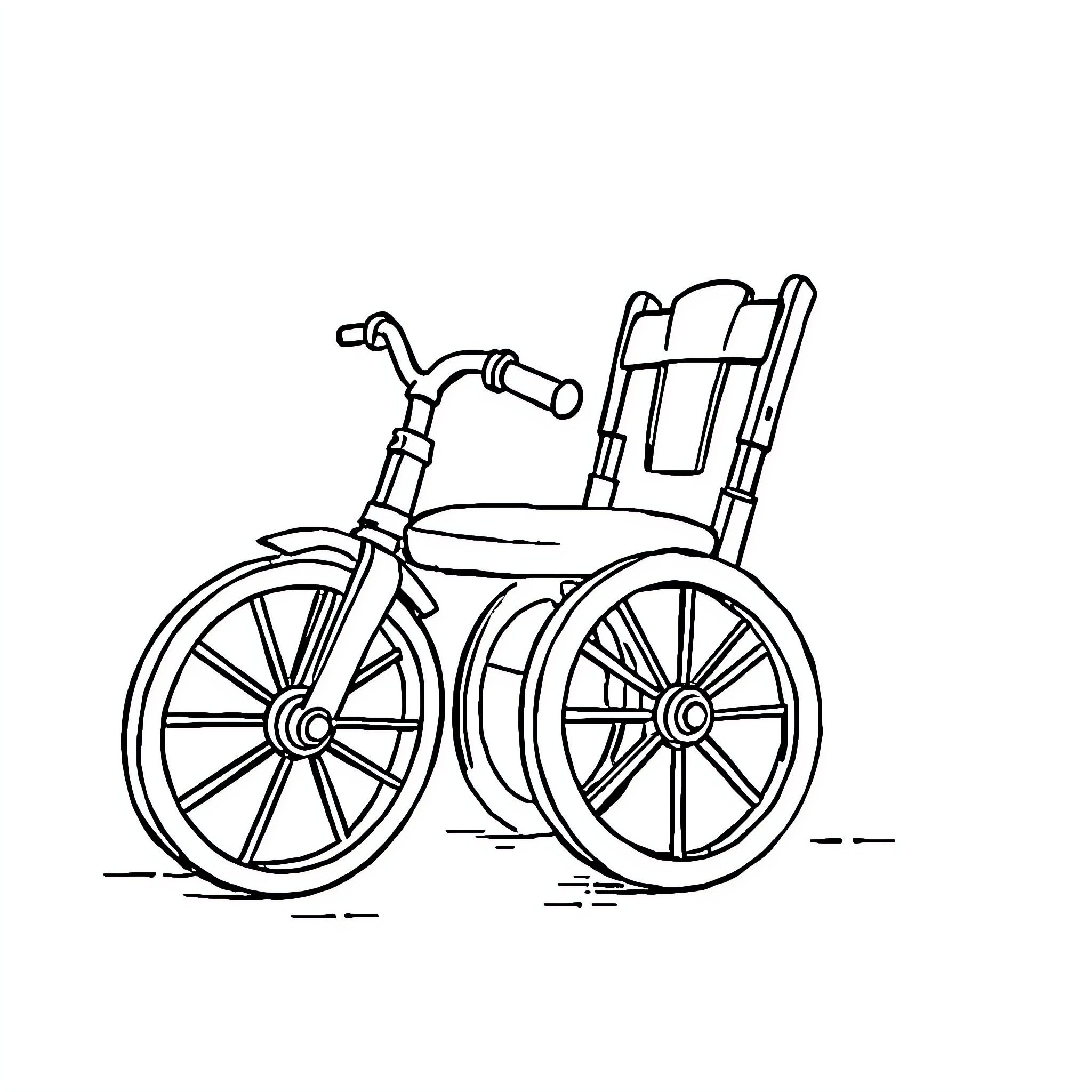 Wheelchair with bicycle wheels and handles Coloring Page (free black-and-white line drawing printable PDF for all, from beginners to advanced learners, including children, teens, adults, and seniors)