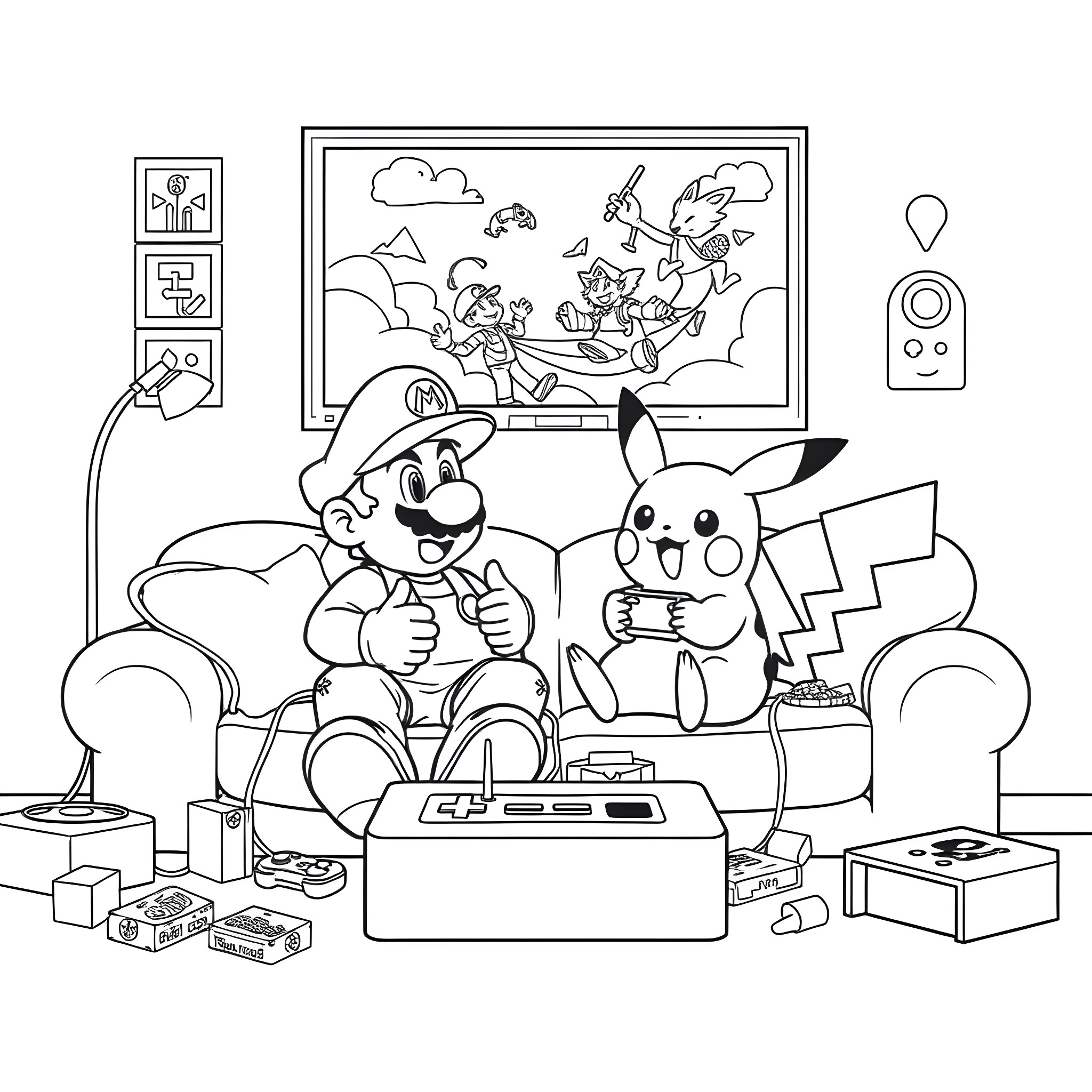 Mario and Pikachu playing video games together Coloring Page (free black-and-white line drawing printable PDF for all, from beginners to advanced learners, including children, teens, adults, and seniors)
