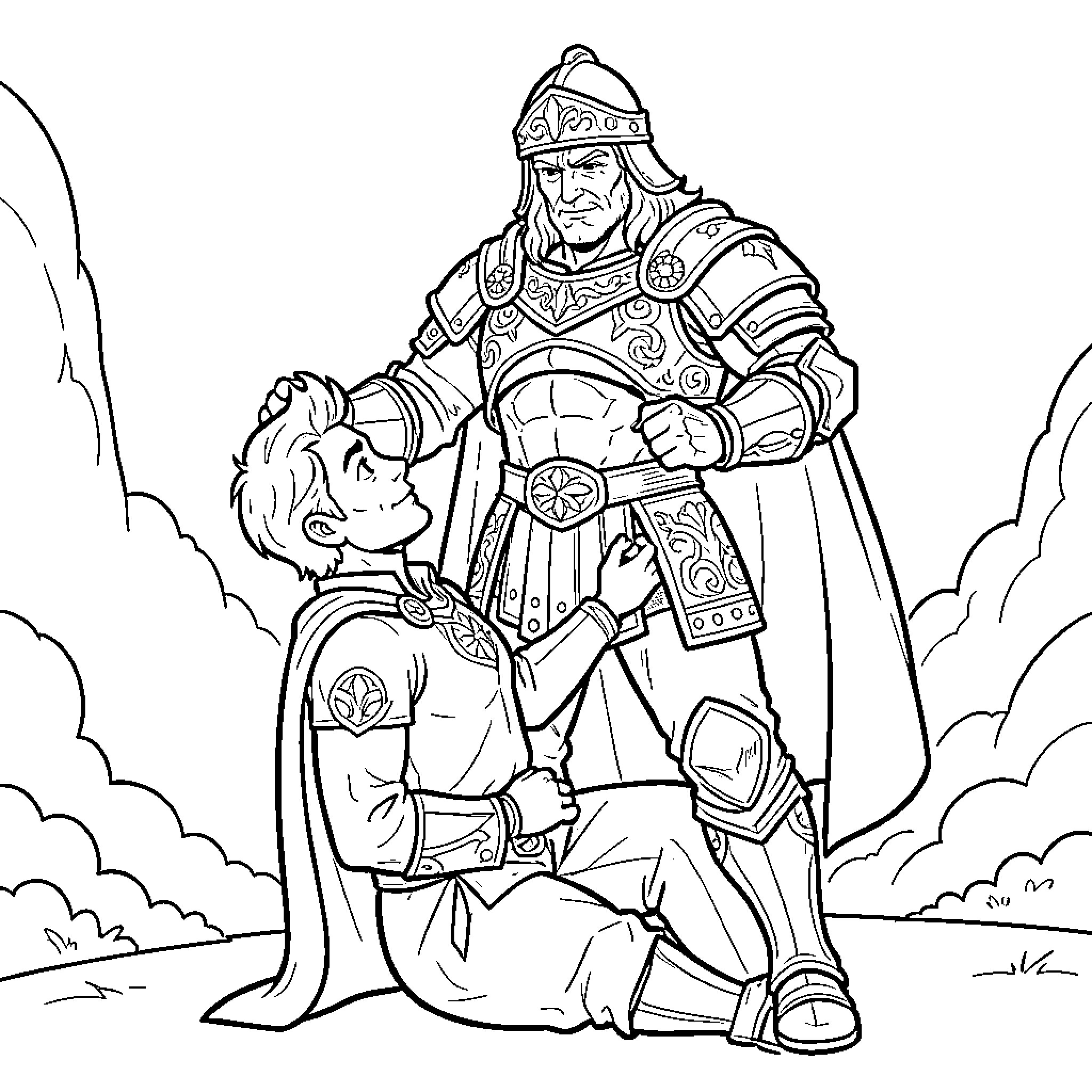 Santiago helping a fallen warrior in battle Coloring Page (free black-and-white line drawing printable PDF for all, from beginners to advanced learners, including children, teens, adults, and seniors)