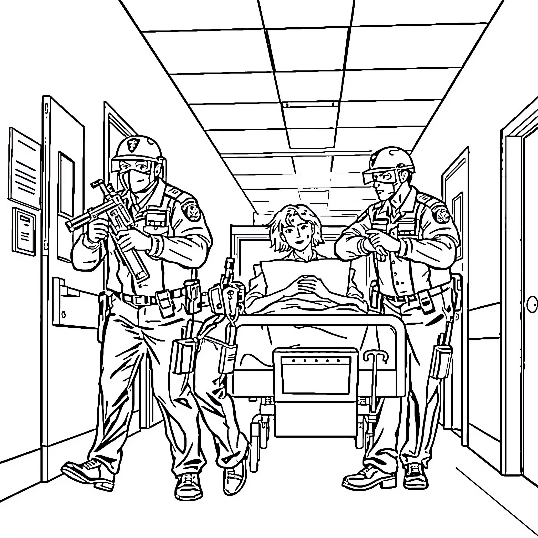 Security Officers Responding to Emergency Situation Coloring Page (free black-and-white line drawing printable PDF for all, from beginners to advanced learners, including children, teens, adults, and seniors)