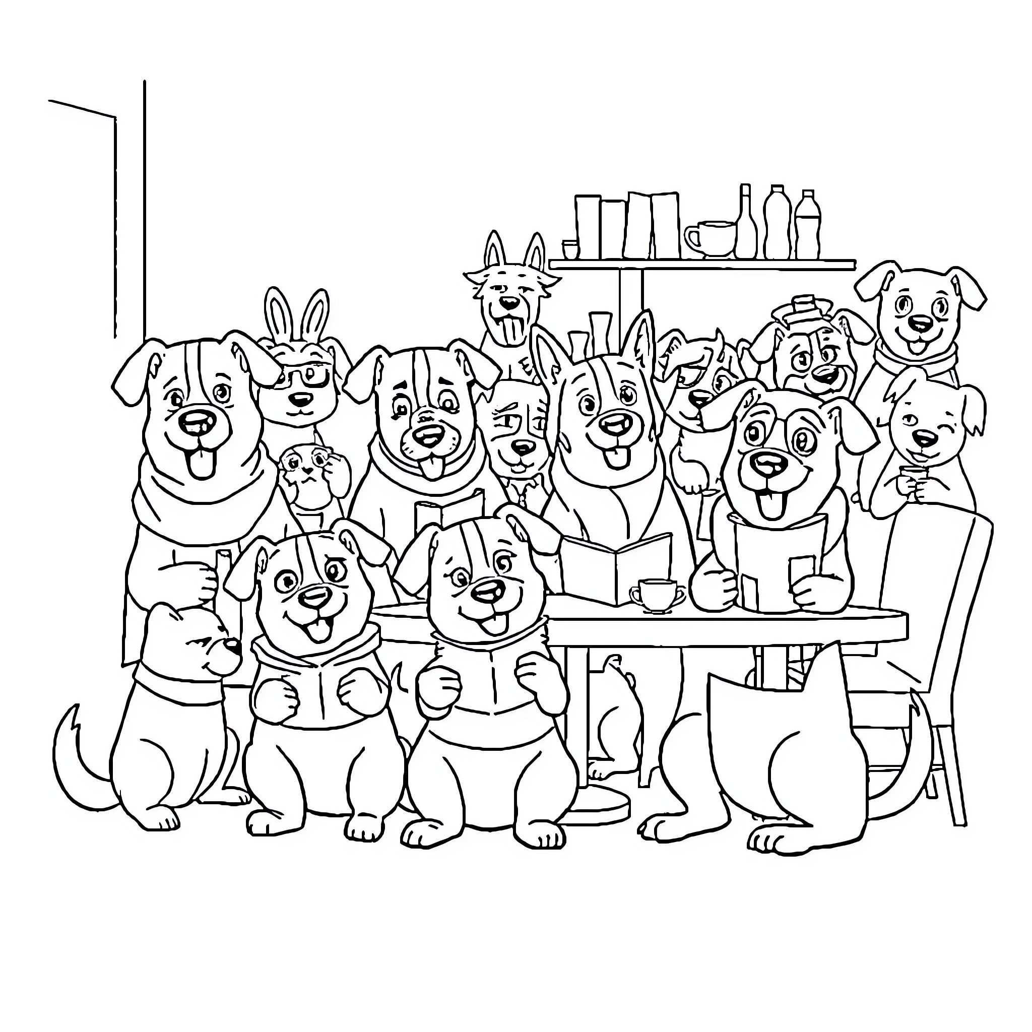 Dog friends enjoying a playful gathering Coloring Page (free black-and-white line drawing printable PDF for all, from beginners to advanced learners, including children, teens, adults, and seniors)