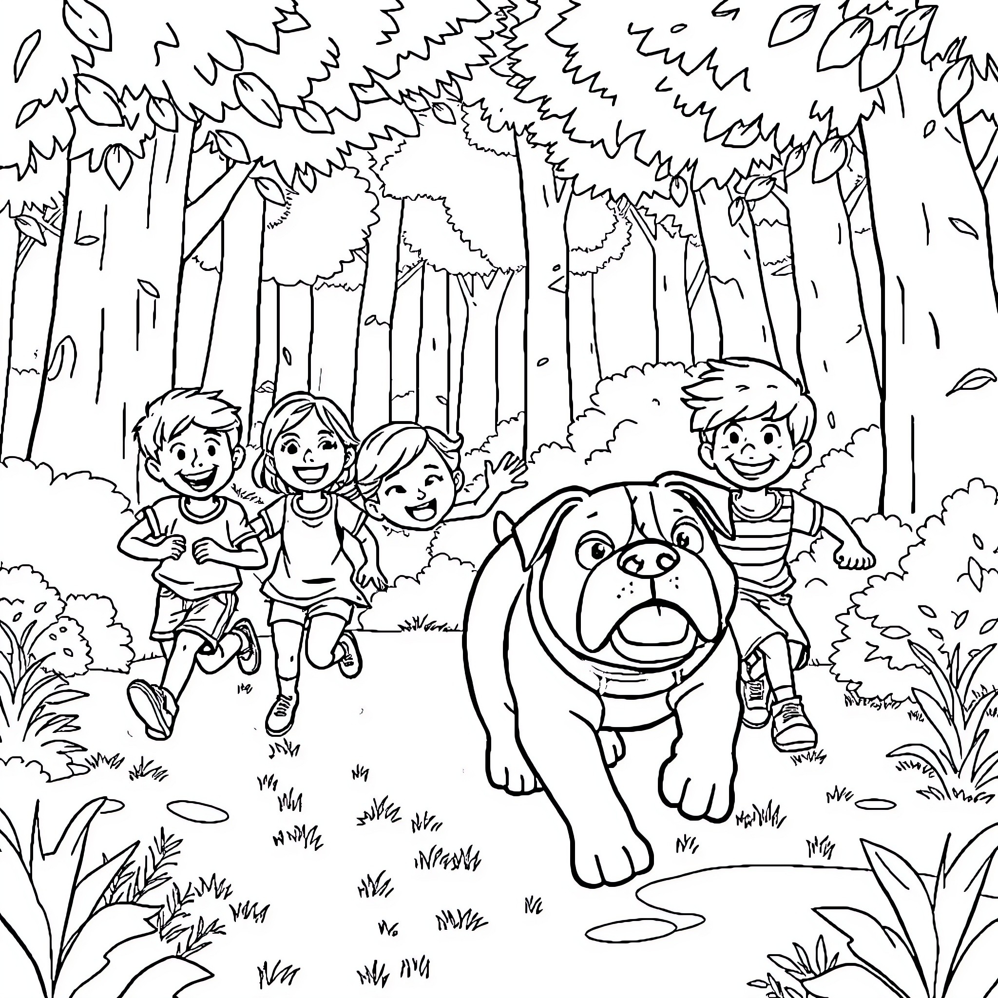 Bulldog exploring the forest with a group of children Coloring Page (free black-and-white line drawing printable PDF for all, from beginners to advanced learners, including children, teens, adults, and seniors)