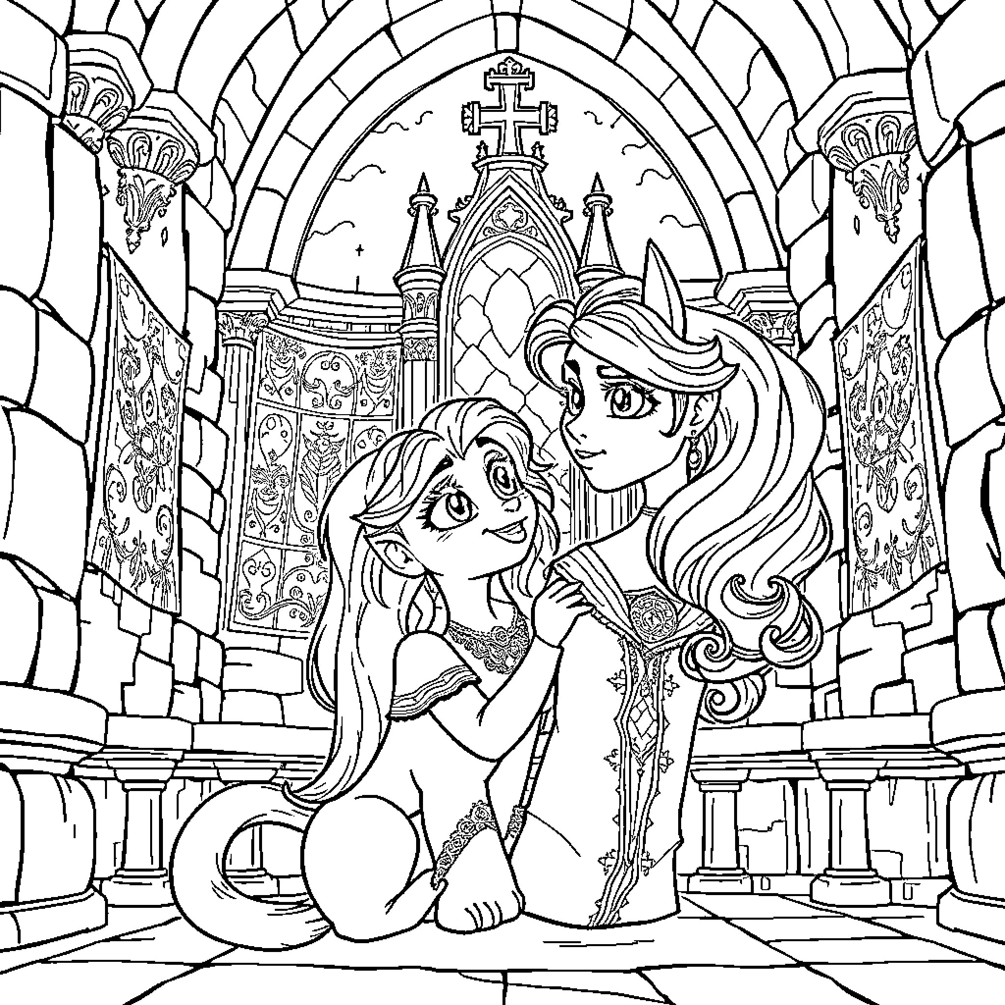 Bella and the Princess in the Castle Coloring Page (free black-and-white line drawing printable PDF for all, from beginners to advanced learners, including children, teens, adults, and seniors)