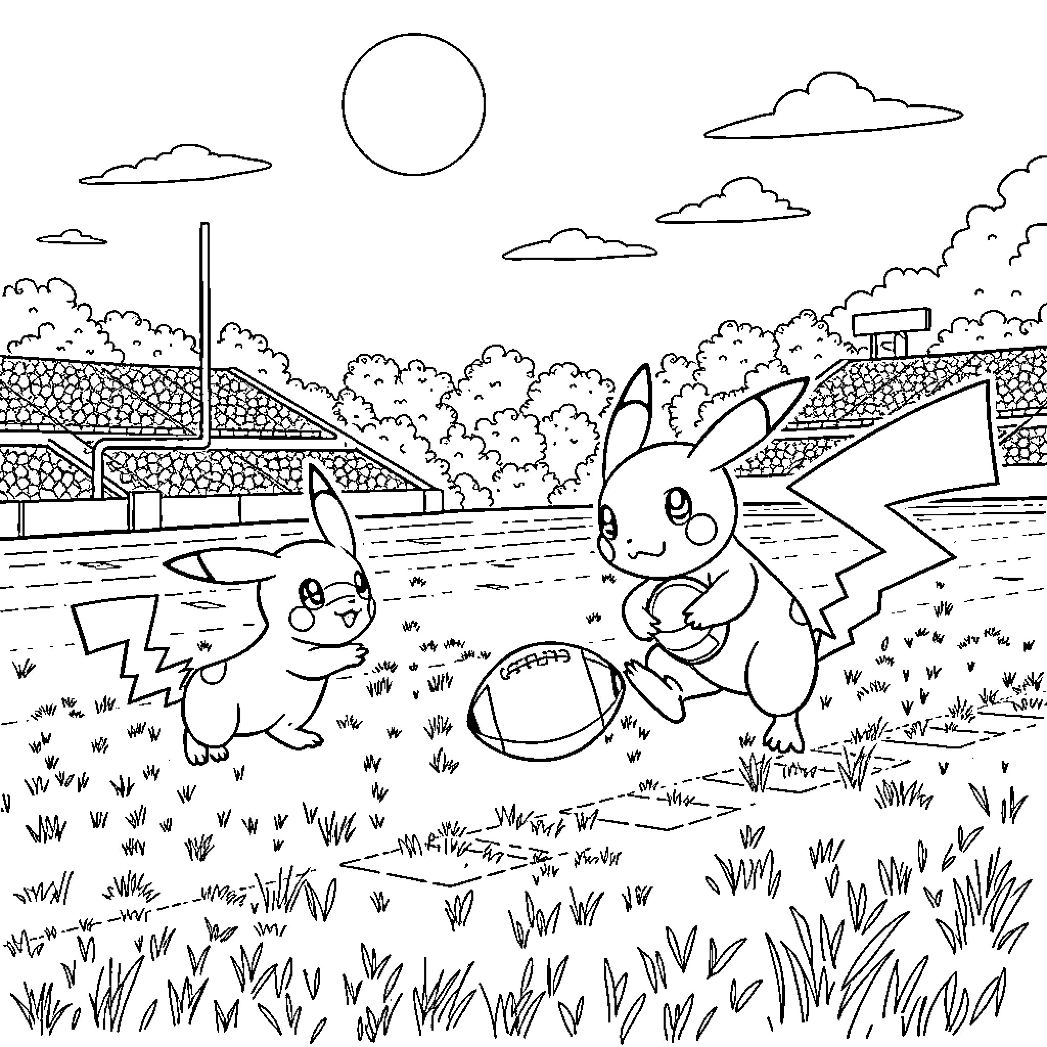 Pokémon Trainers Playing Together in Nature Coloring Page (free black-and-white line drawing printable PDF for all, from beginners to advanced learners, including children, teens, adults, and seniors)
