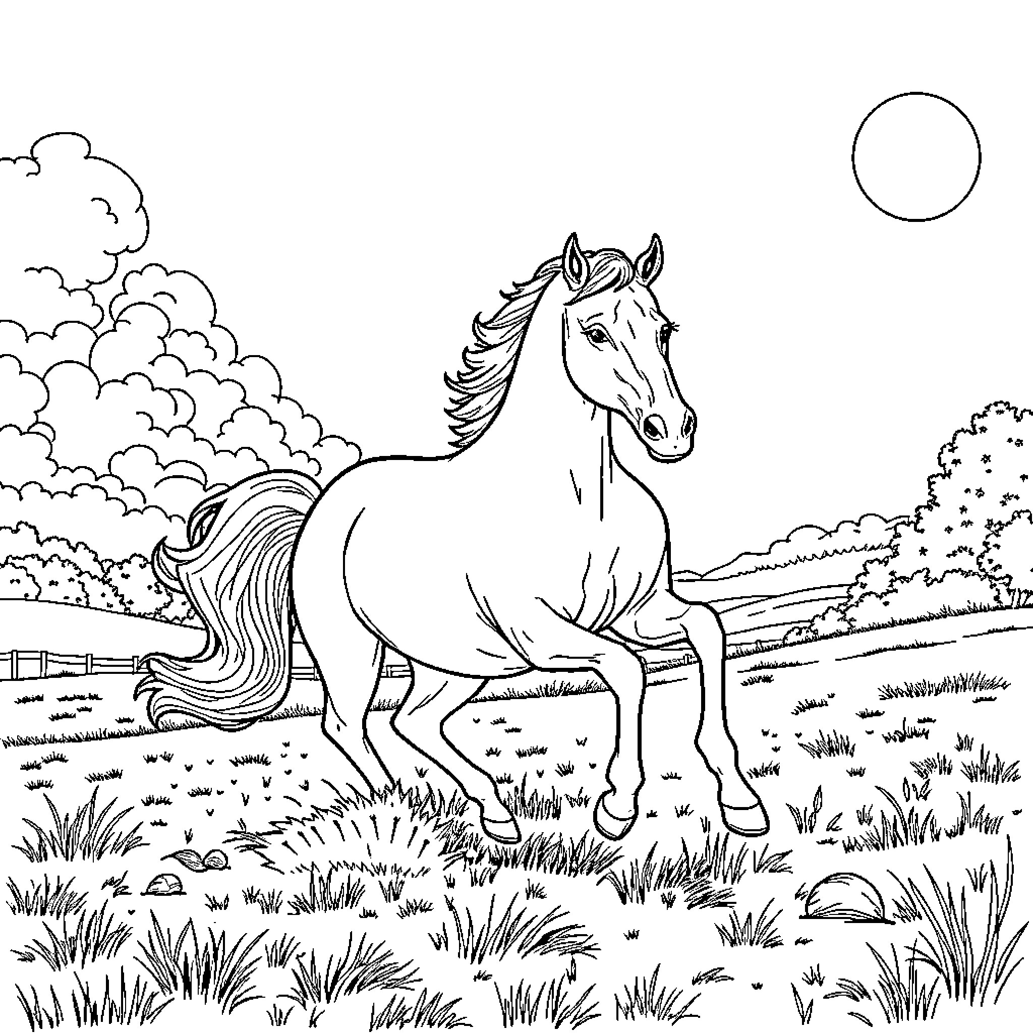Horse galloping freely in scenic landscape Coloring Page (free black-and-white line drawing printable PDF for all, from beginners to advanced learners, including children, teens, adults, and seniors)