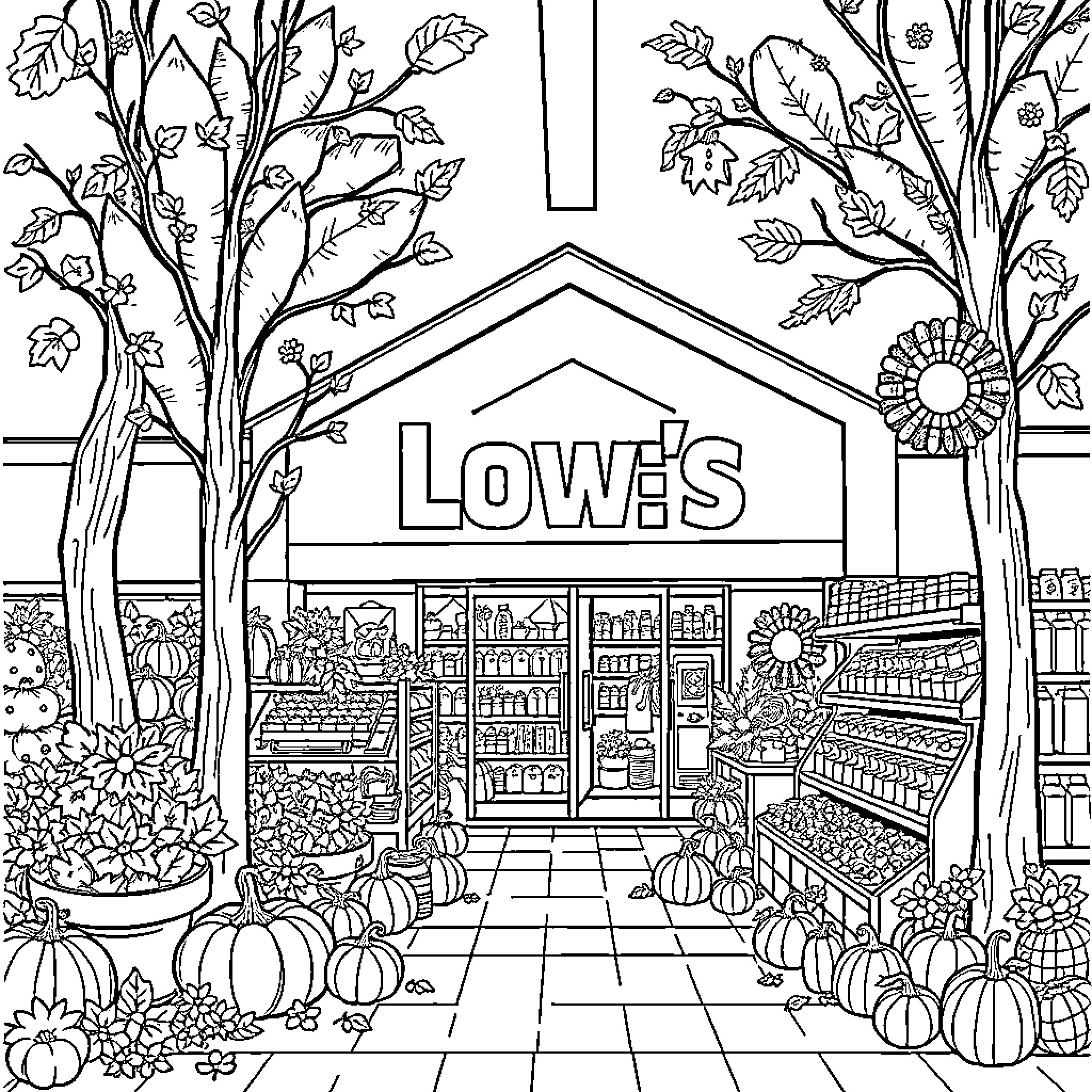 Autumn Scenes at the Local Hardware Store Coloring Page (free black-and-white line drawing printable PDF for all, from beginners to advanced learners, including children, teens, adults, and seniors)