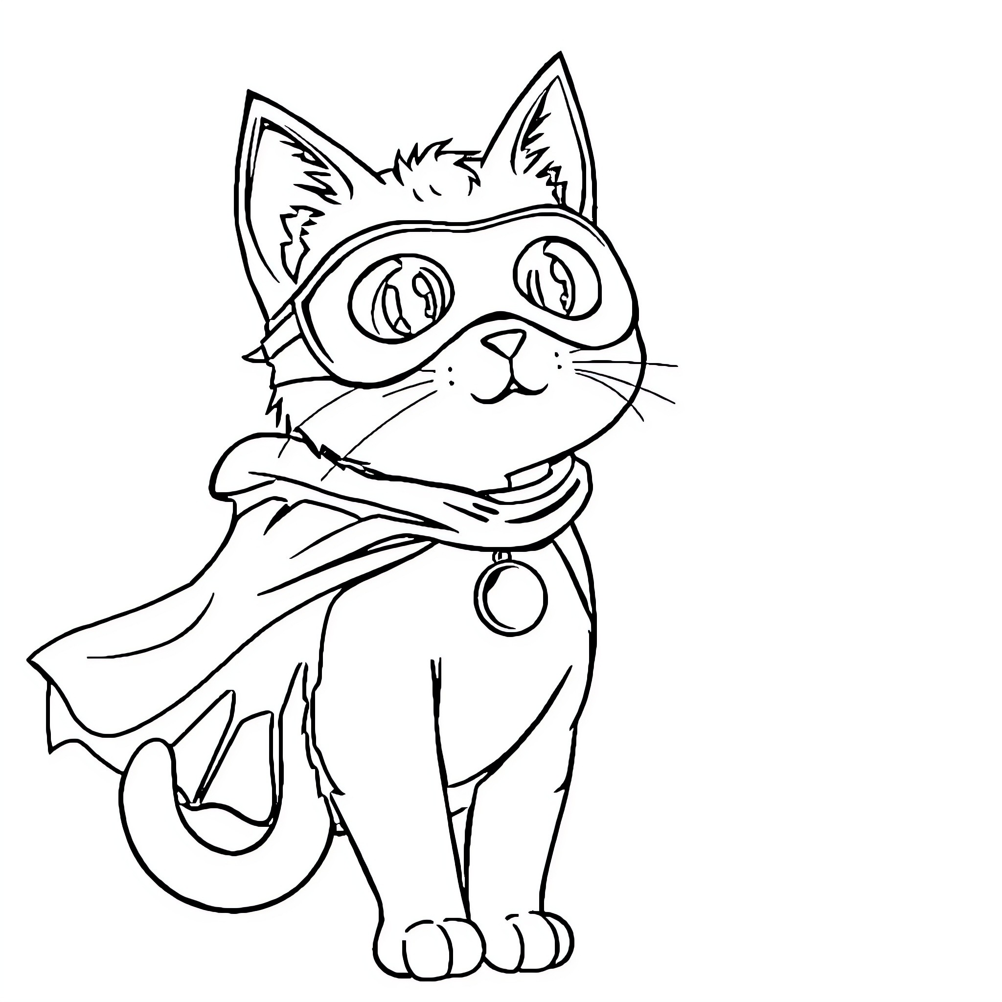 Superhero Cat in Costume and Mask Coloring Page (free black-and-white line drawing printable PDF for all, from beginners to advanced learners, including children, teens, adults, and seniors)