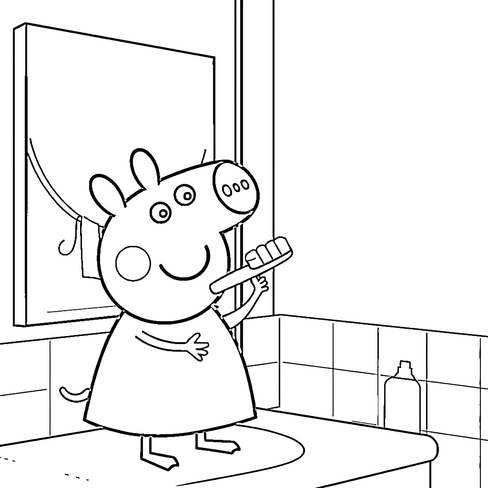 Peppa Pig brushing her teeth in the bathroom Coloring Page (free black-and-white line drawing printable PDF for all, from beginners to advanced learners, including children, teens, adults, and seniors)
