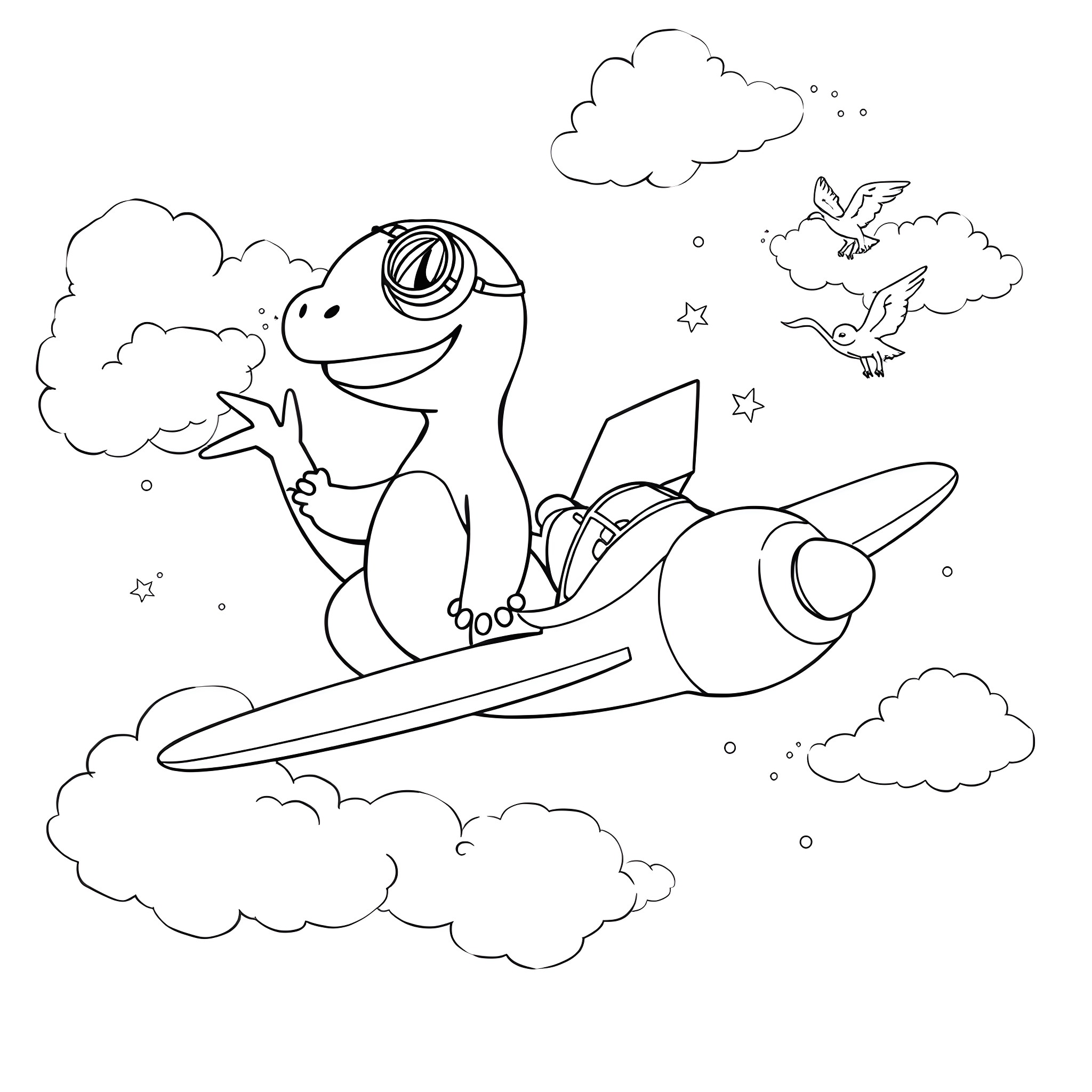 Charmander riding a rocket through the clouds Coloring Page (free black-and-white line drawing printable PDF for all, from beginners to advanced learners, including children, teens, adults, and seniors)