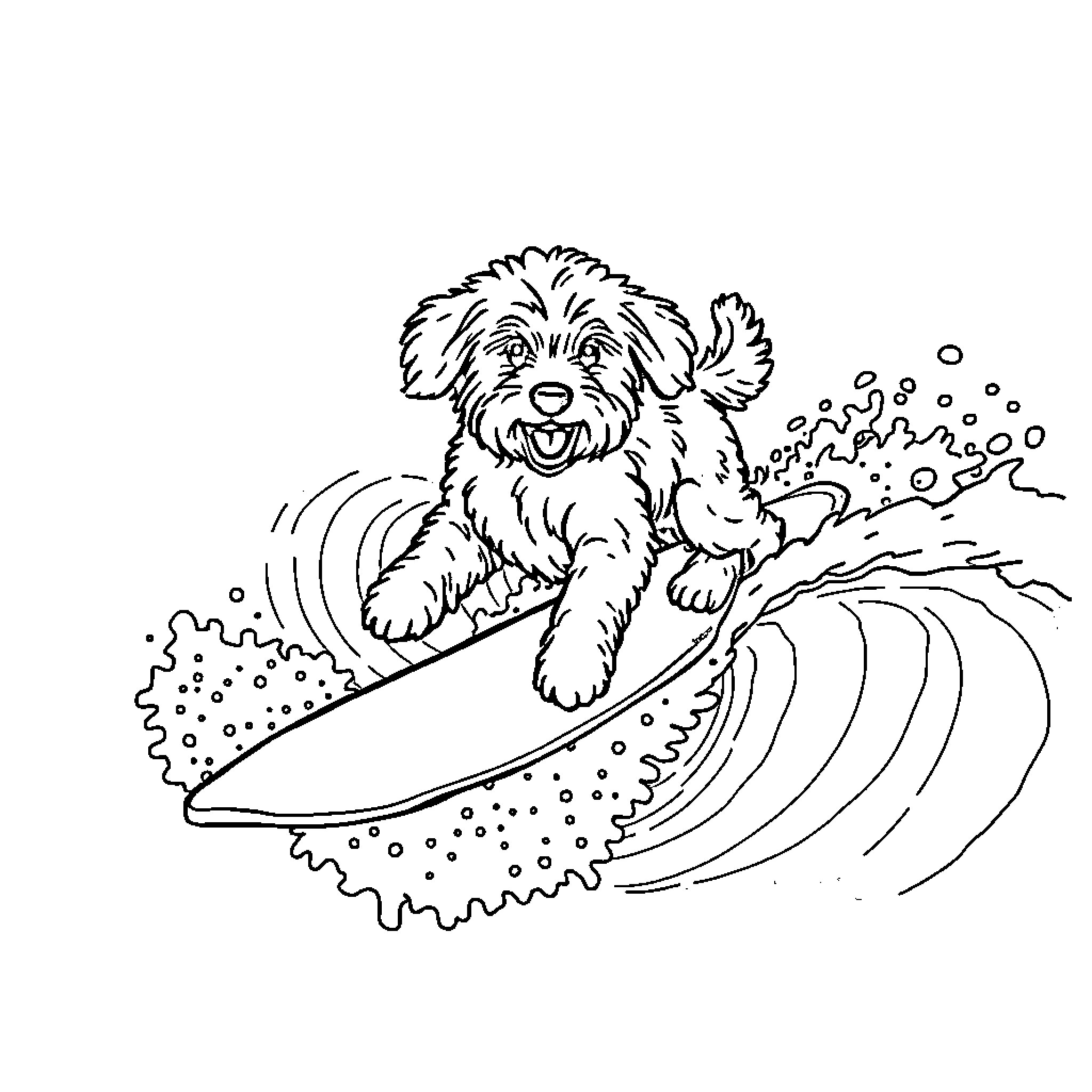 Goldendoodle surfs the waves with joy Coloring Page (free black-and-white line drawing printable PDF for all, from beginners to advanced learners, including children, teens, adults, and seniors)